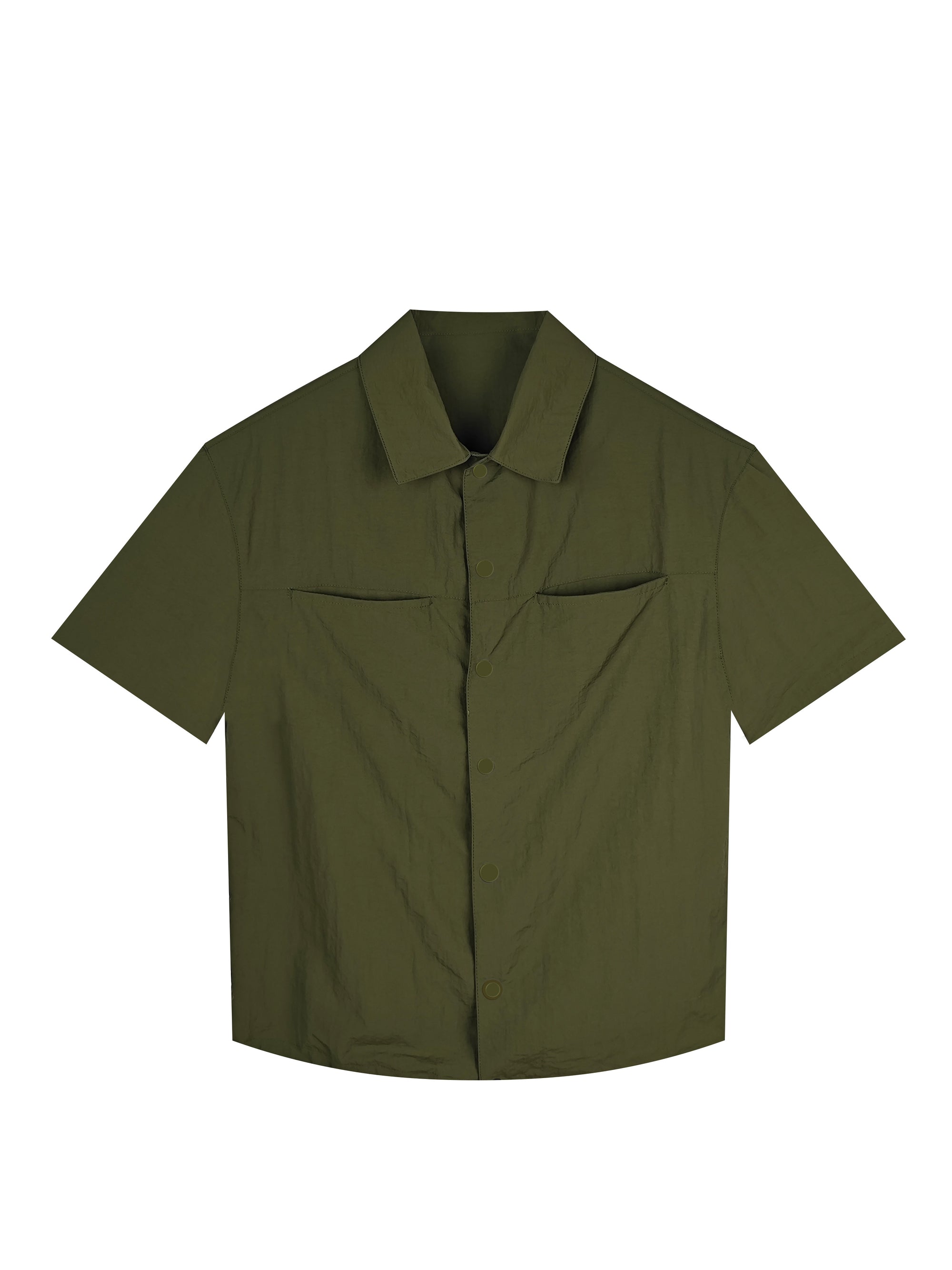Men's Relaxed Fit 100% Nylon Short Sleeve Shirt - Olive Green Collared Casual Top with Angled Chest Pockets