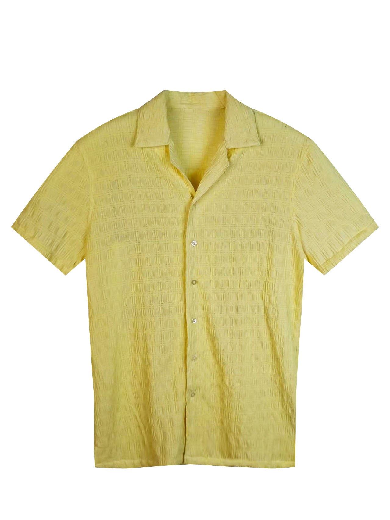 Men's Textured Cuban Collar Shirt - 95% Polyester 5% Spandex, Light Yellow Summer Casual Short - Sleeve Button - Down