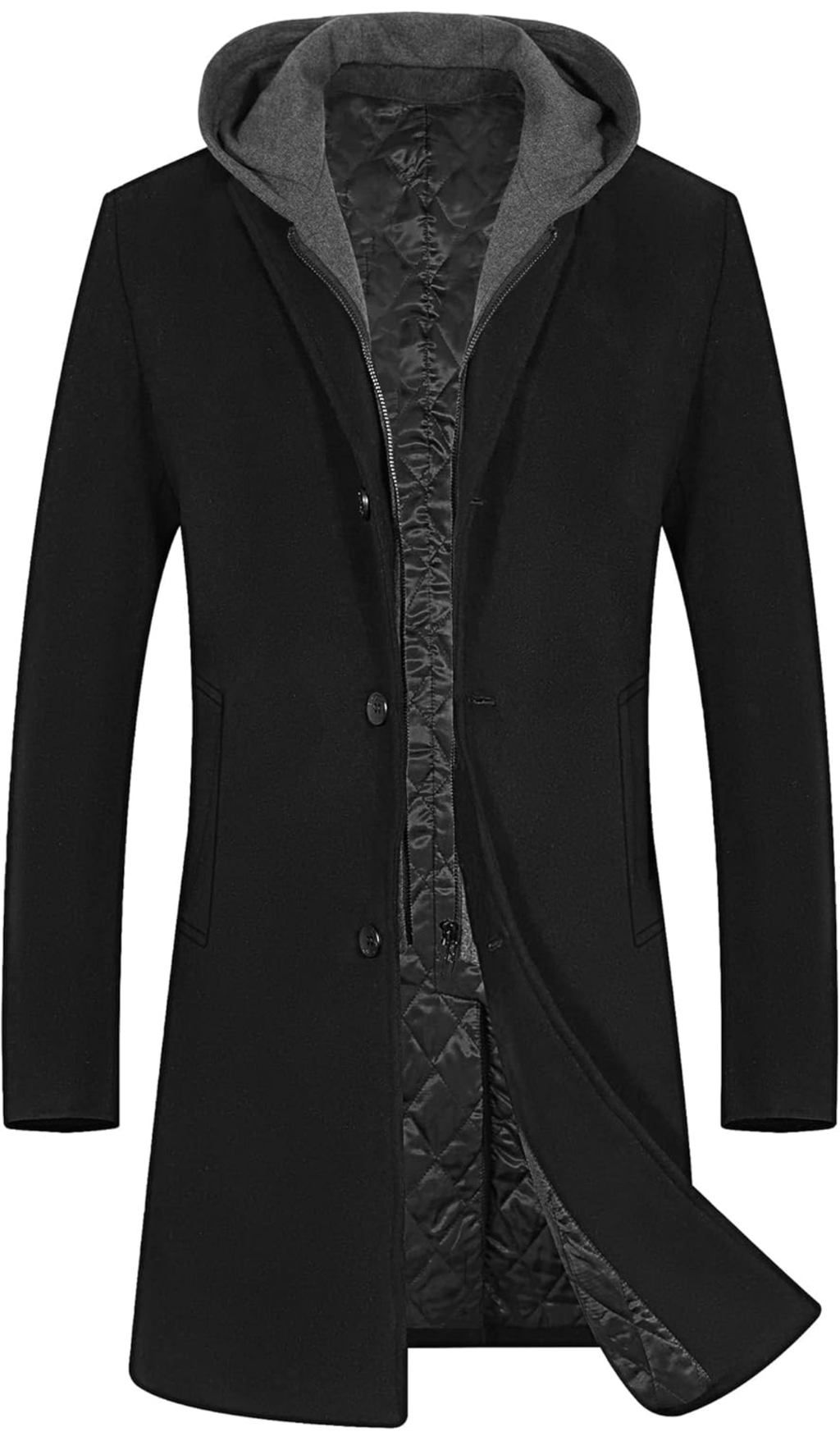 Men's Hooded Wool-Blend Trench Coat - Black 3-in-1 Overcoat for Business, Casual, and Winter Layering