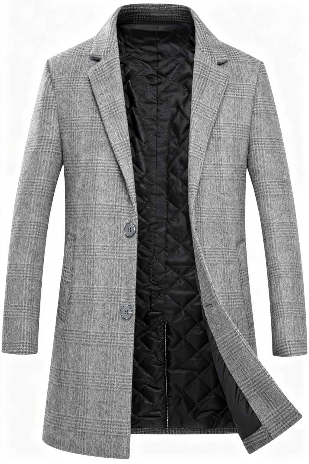 Men's Gray Plaid Wool-Blend Trench Coat with Quilted Liner - Classic Tailored Overcoat for Winter Sophistication & Warmth