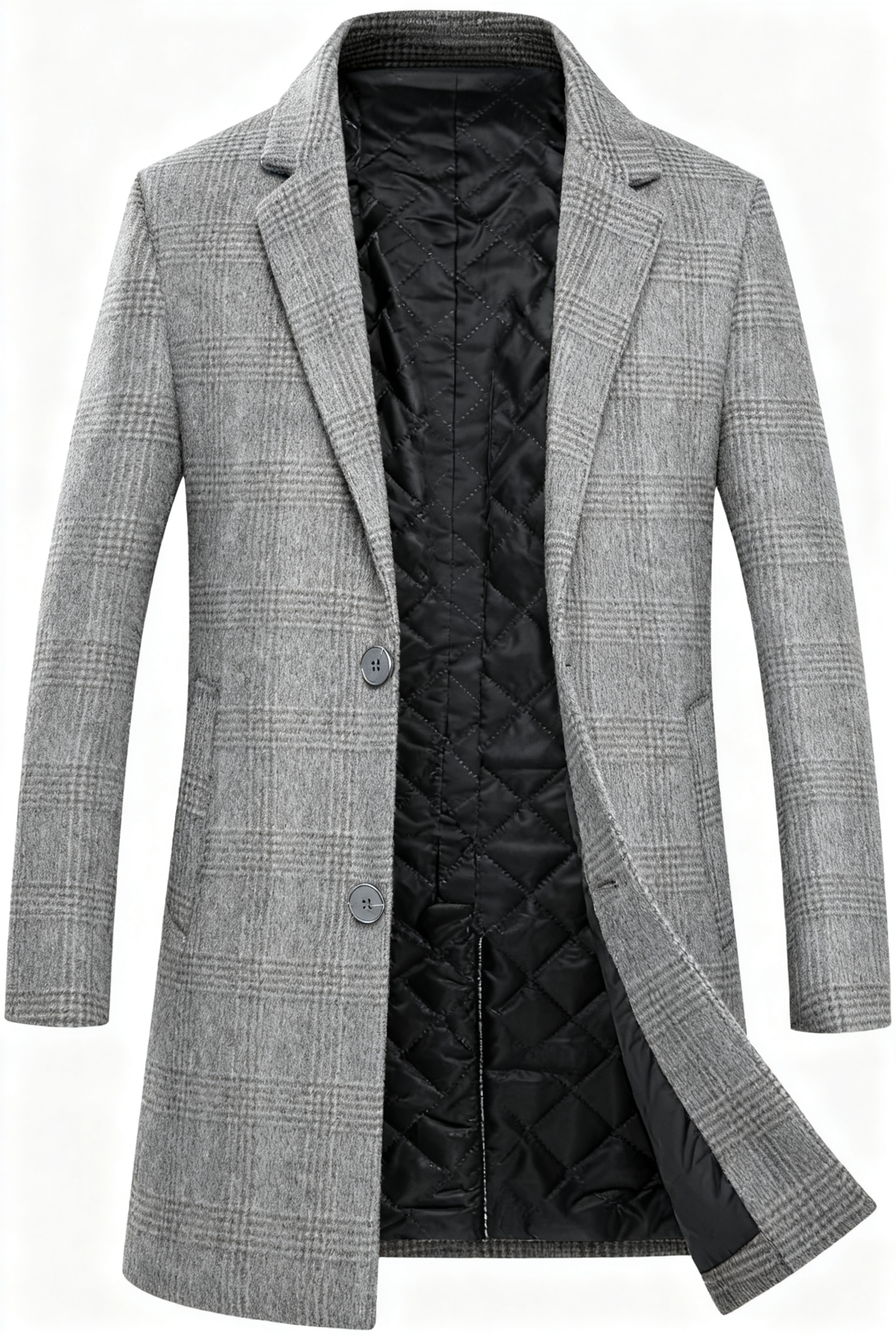 Men's Gray Plaid Wool-Blend Trench Coat with Quilted Liner - Classic Tailored Overcoat for Winter Sophistication & Warmth