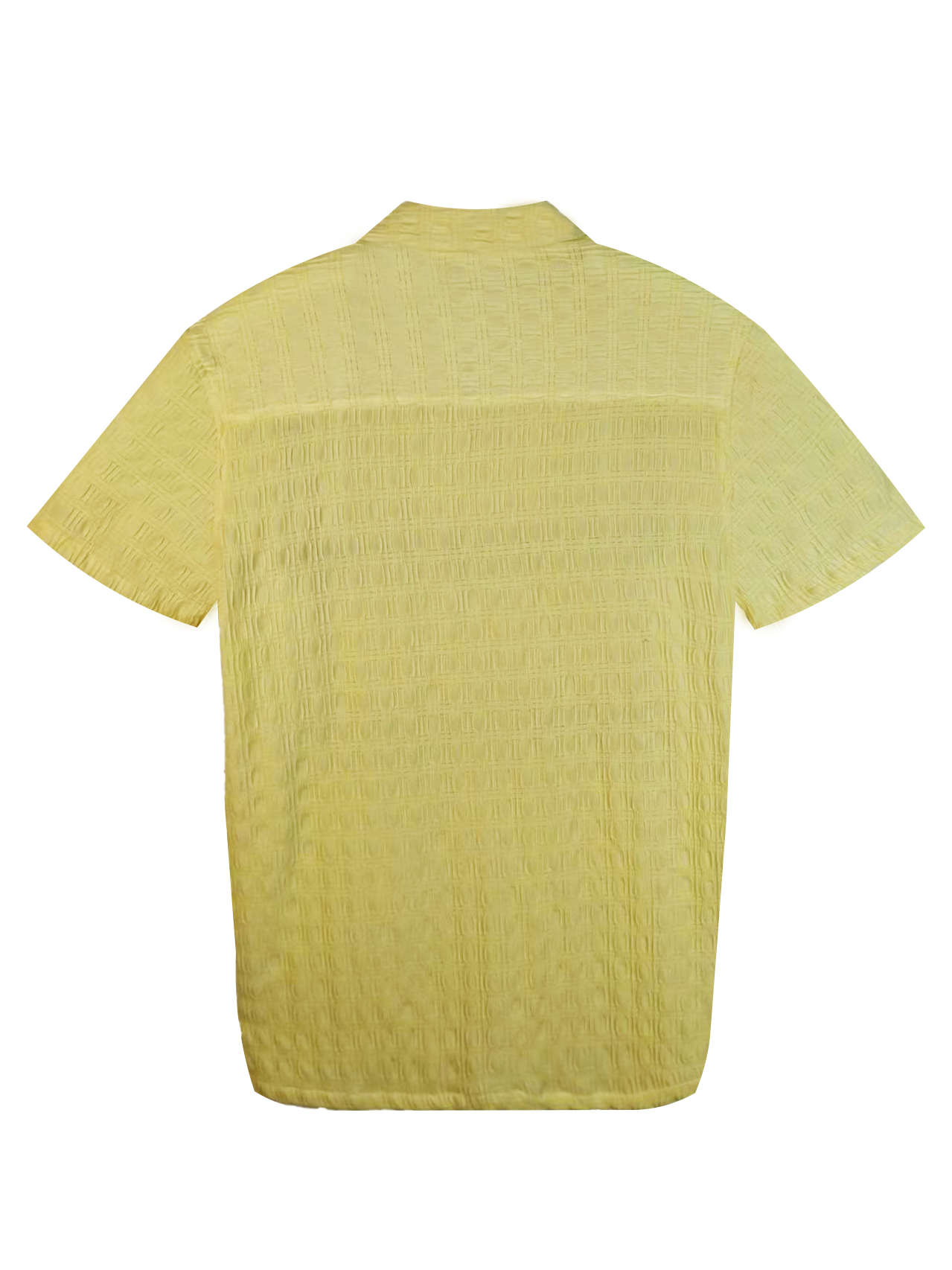 Men's Textured Open - Front Cuban Collar Shirt - 95% Polyester 5% Spandex Light Yellow Summer Casual Short - Sleeve Top