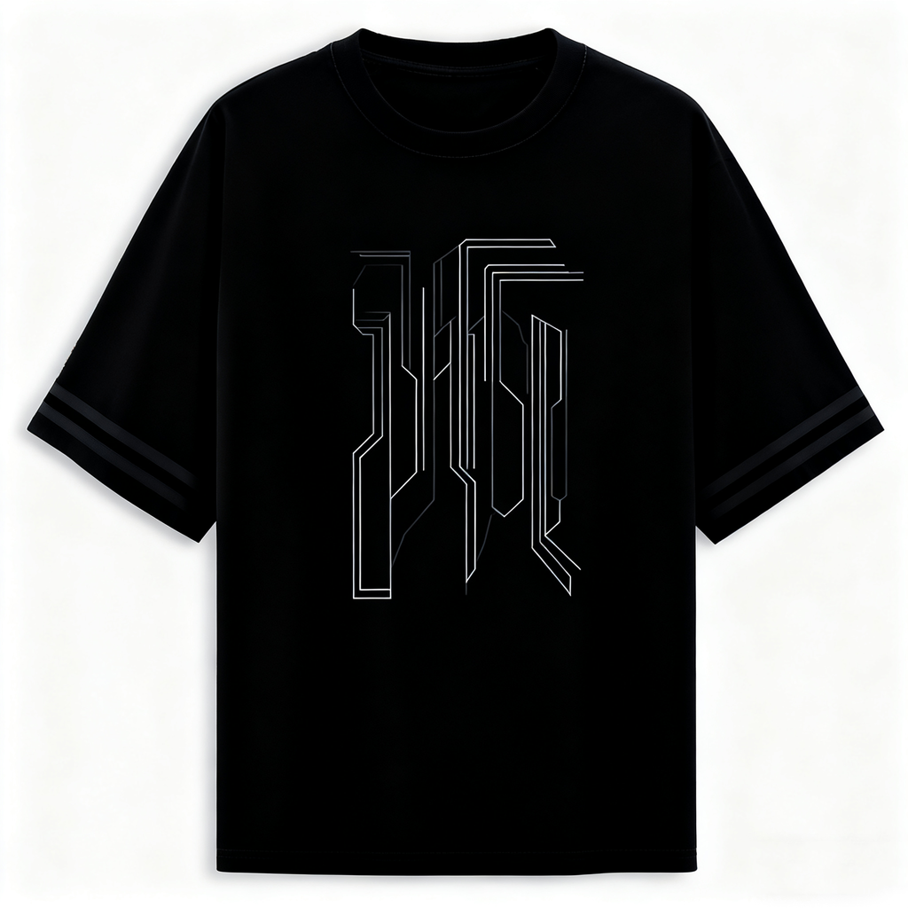 Men's Black Tech-Inspired Graphic T-Shirt with Striped Cuffs - Urban Streetwear Tee for Casual & Trendy Looks
