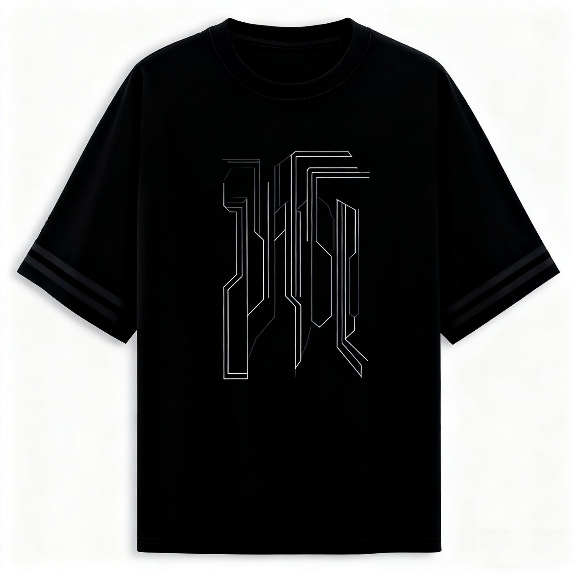Men's Black Tech-Inspired Graphic T-Shirt with Striped Cuffs - Urban Streetwear Tee for Casual & Trendy Looks