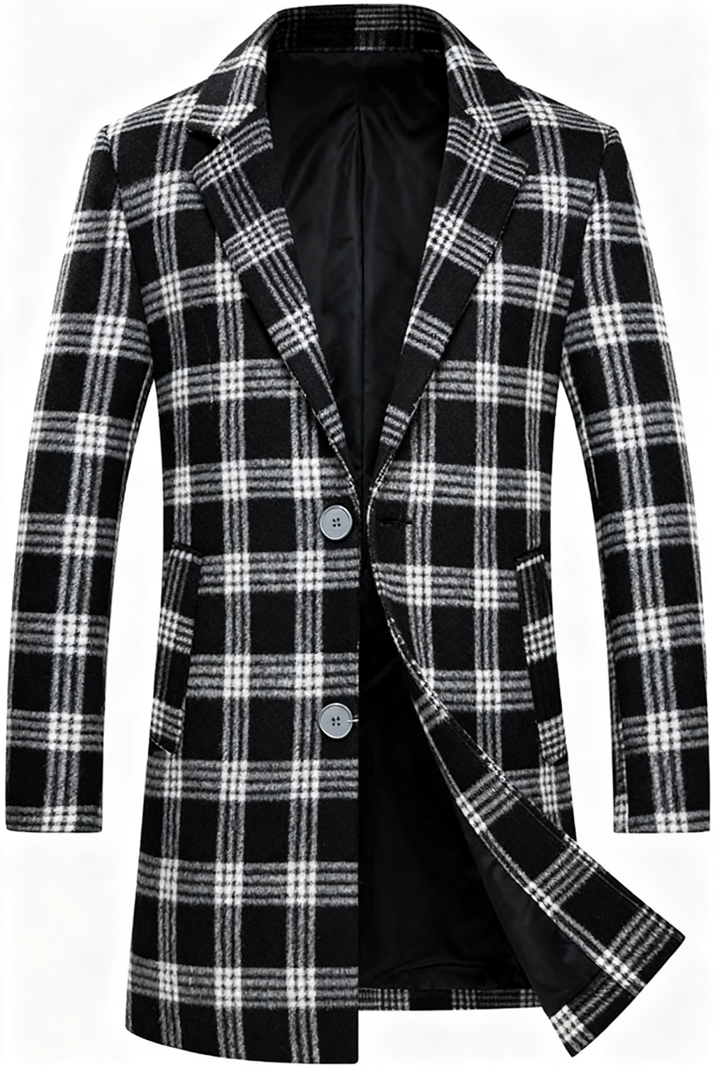Black & White Plaid Wool-Blend Trench Coat: Retro-Chic Style & Timeless Versatility