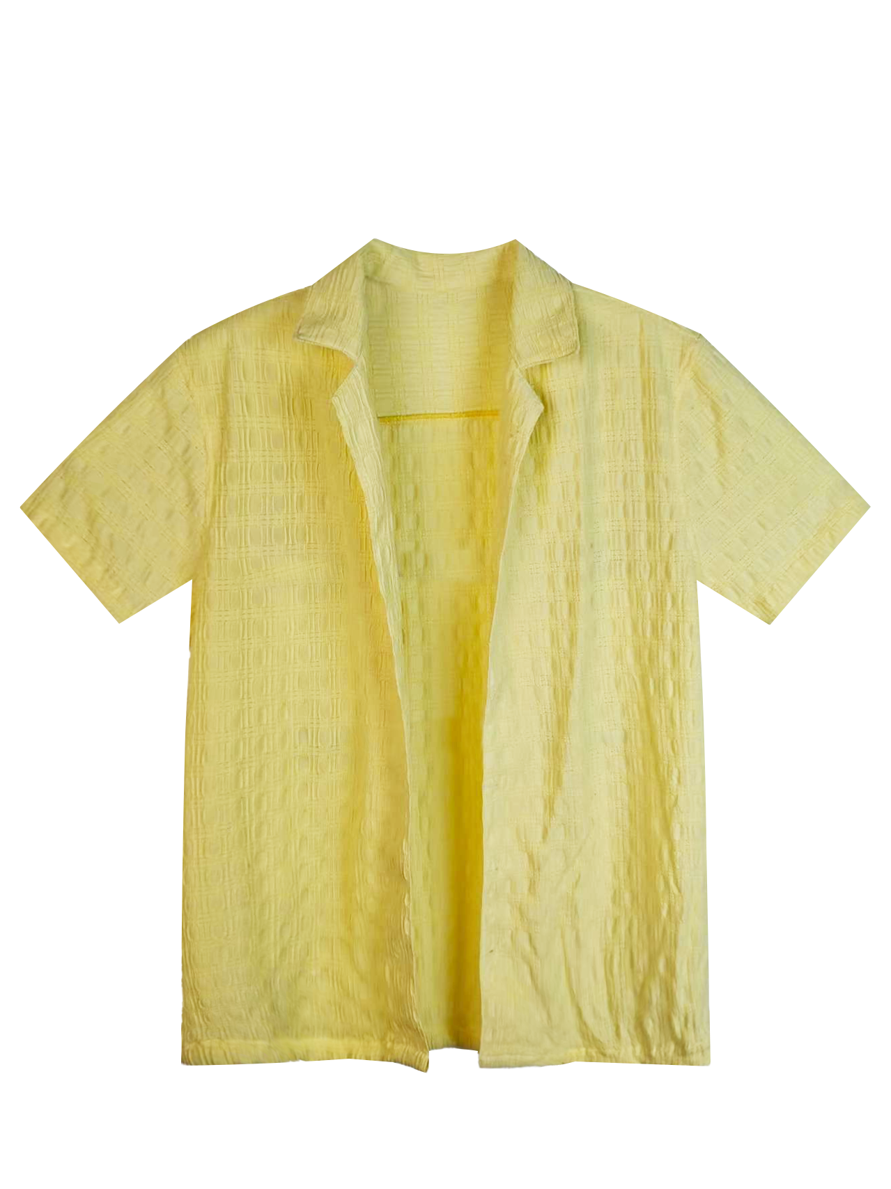 Men's Textured Open - Front Cuban Collar Shirt - 95% Polyester 5% Spandex Light Yellow Summer Casual Short - Sleeve Top