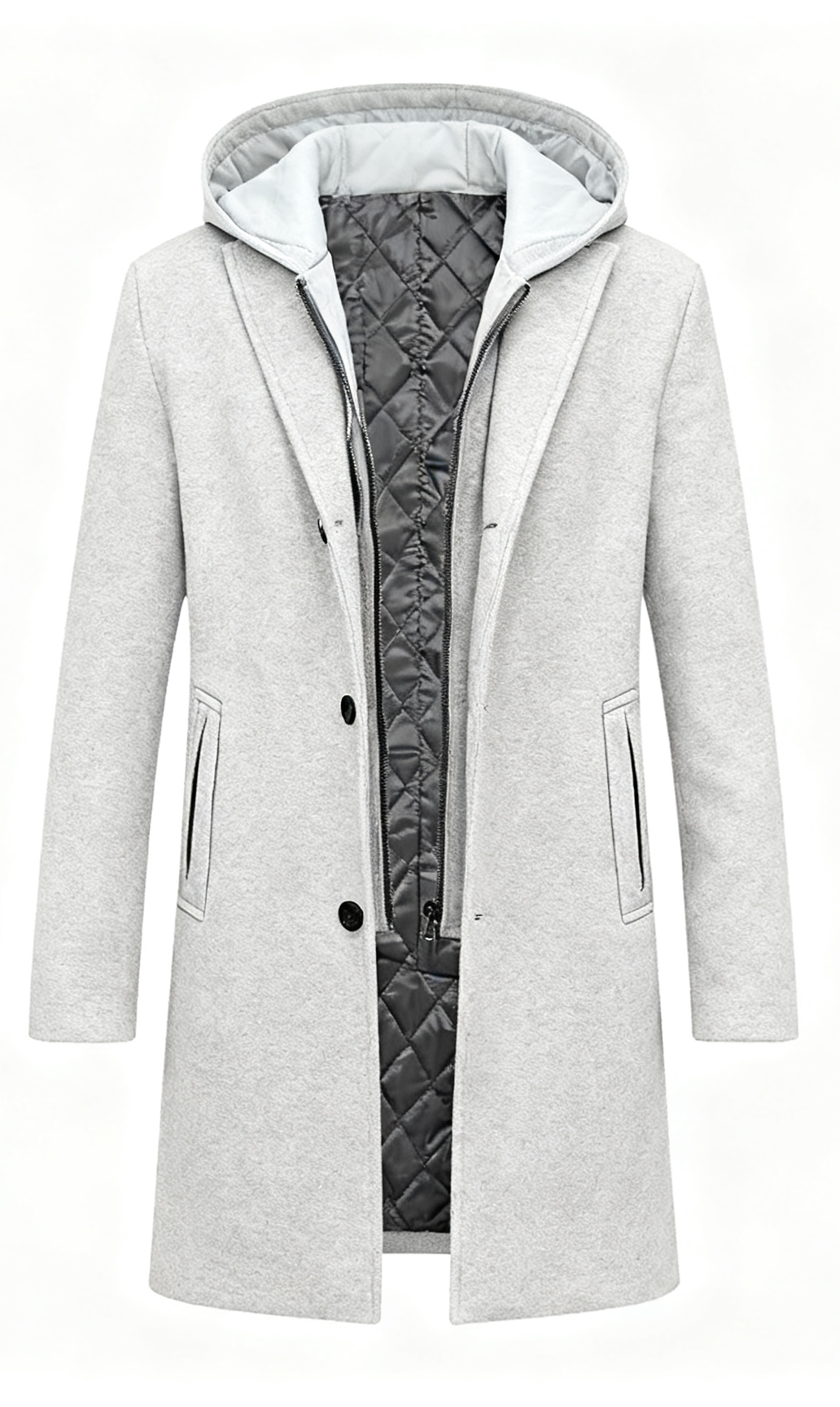 Men's Gray Wool-Blend Trench Coat with Removable Hooded Quilted Liner - 3-in-1 Winter Overcoat for Sophisticated Style & Maximum Warmth