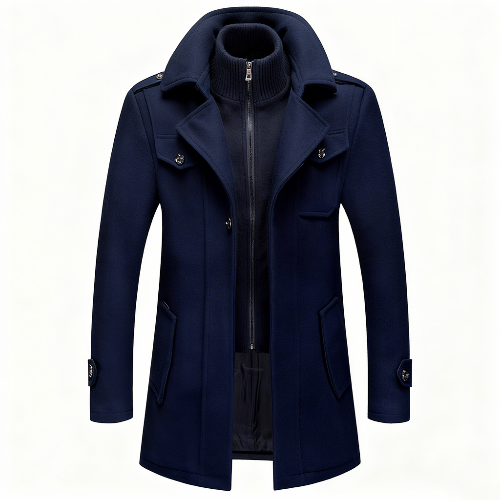 Men's Navy Wool-Blend Trench Coat with Detachable Knit Inner - Classic Double-Layered Overcoat for Winter Elegance & Warmth