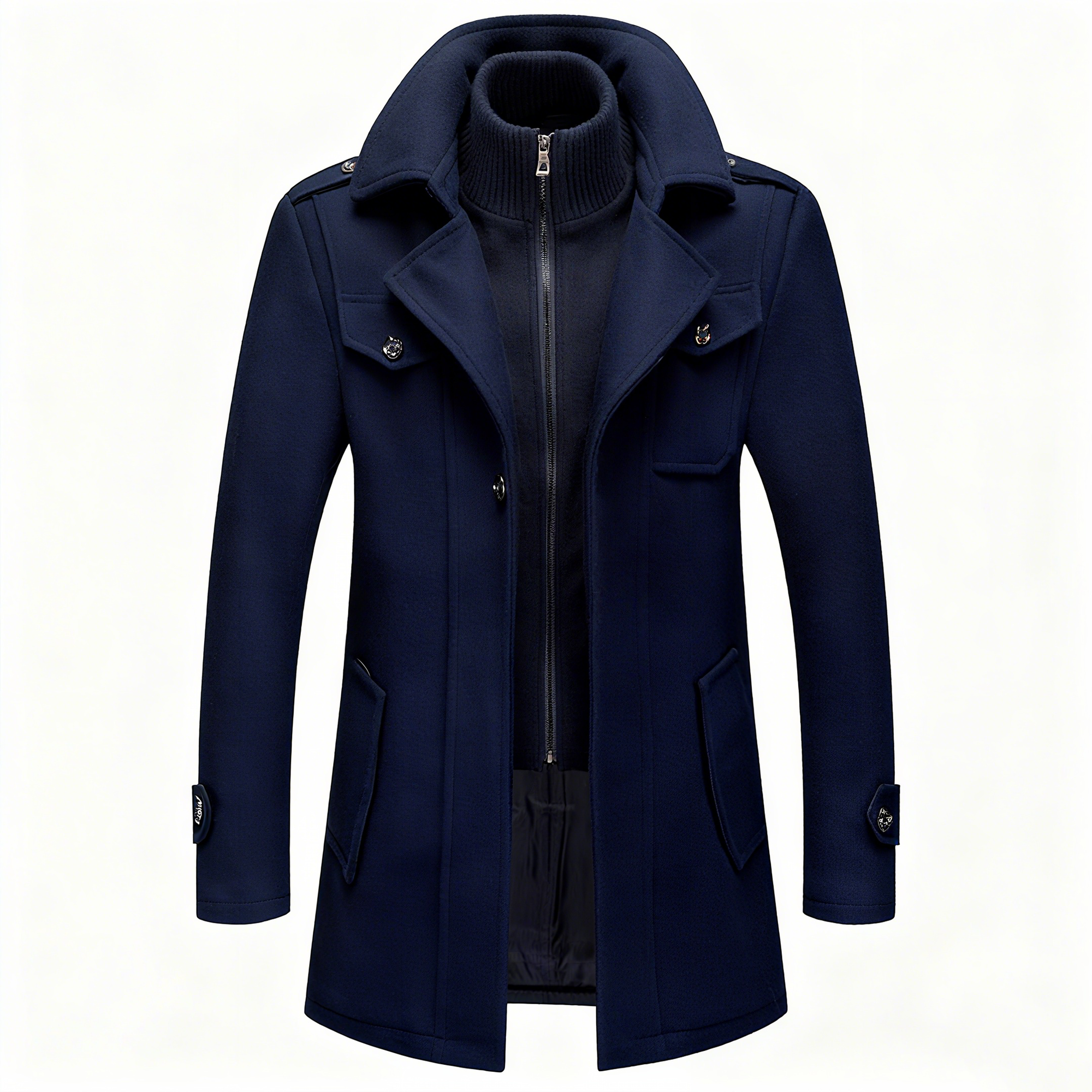 Men's Navy Wool-Blend Trench Coat with Detachable Knit Inner - Classic Double-Layered Overcoat for Winter Elegance & Warmth