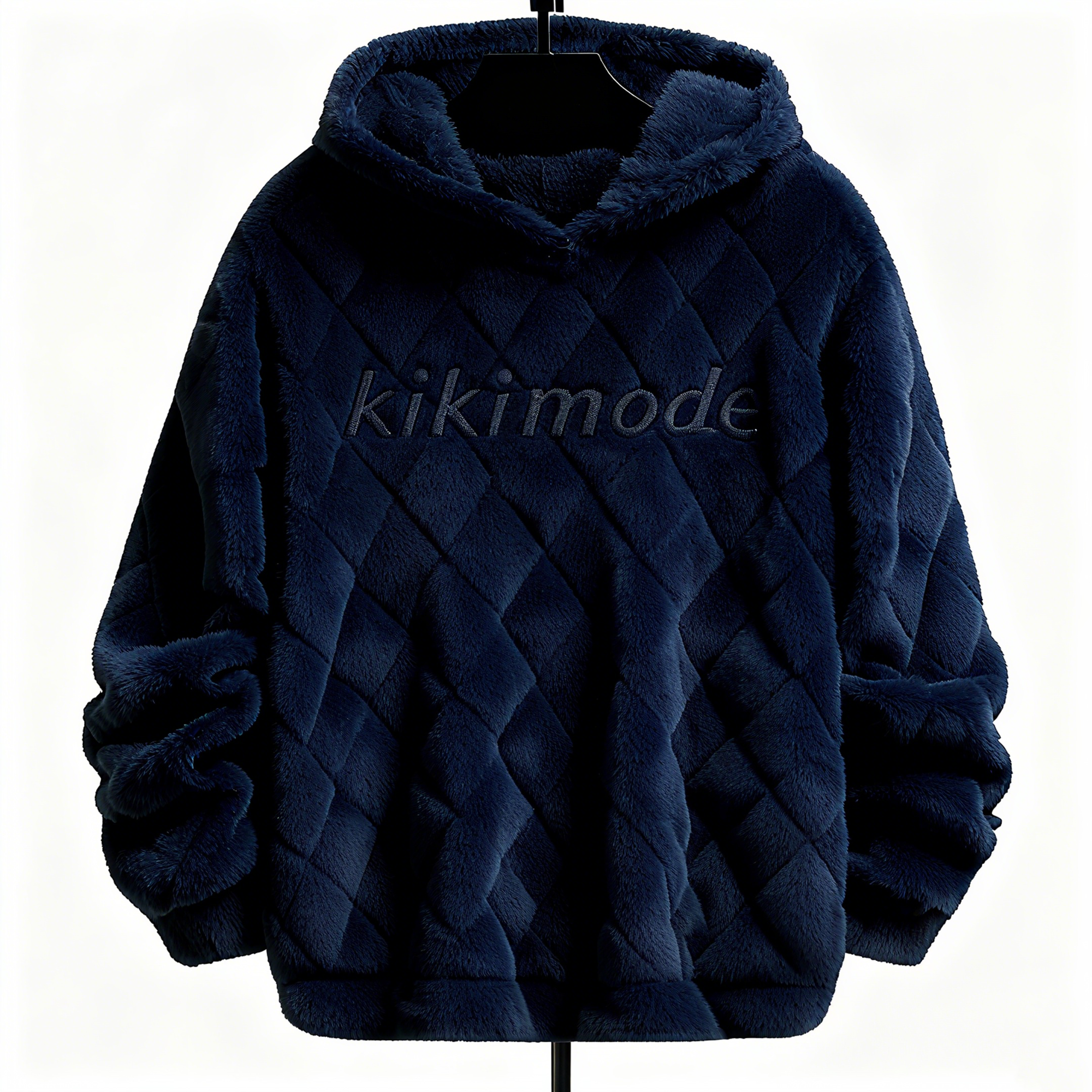 100% Polyester Deep Navy Fuzzy Quilted Hoodie: Sophisticated Comfort & Textured Luxury