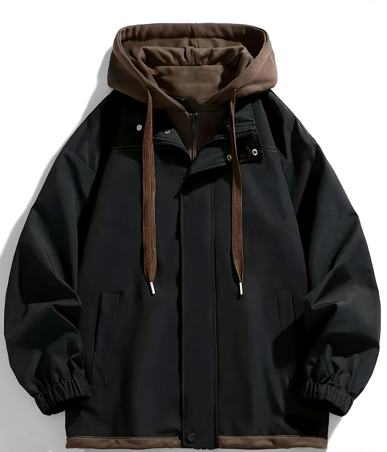 Men's Black & Brown Contrast Hooded Jacket - Urban Street Style & Versatile Comfort for Casual Outings