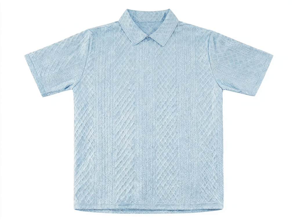Men's Light Blue Textured Polo Shirt - Retro-Inspired Knit Pattern Polo for Casual & Smart-Casual Occasions