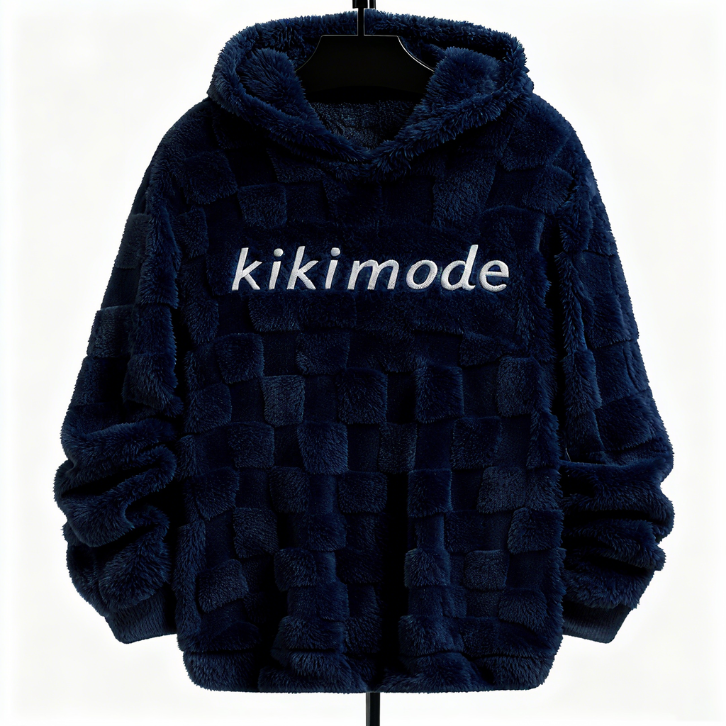 100% Polyester Navy Fuzzy Checkered Hoodie: Luxe Comfort & Statement-Making Style