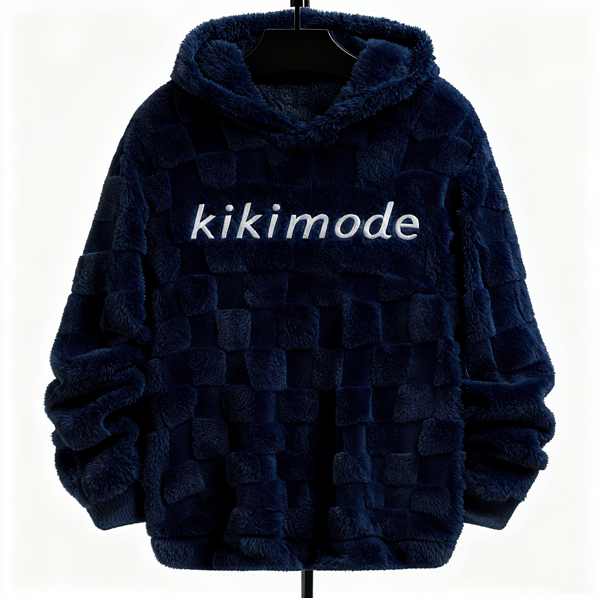100% Polyester Navy Fuzzy Checkered Hoodie: Luxe Comfort & Statement-Making Style