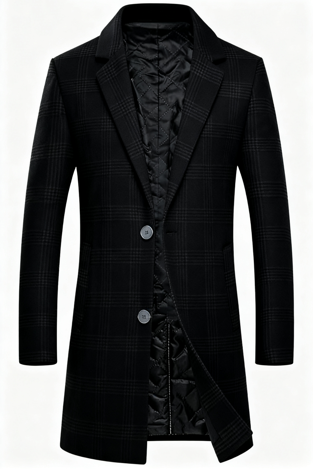 Men's Black Plaid Wool-Blend Trench Coat - Timeless Overcoat with Quilted Lining for Formal, Business, and Winter Elegance