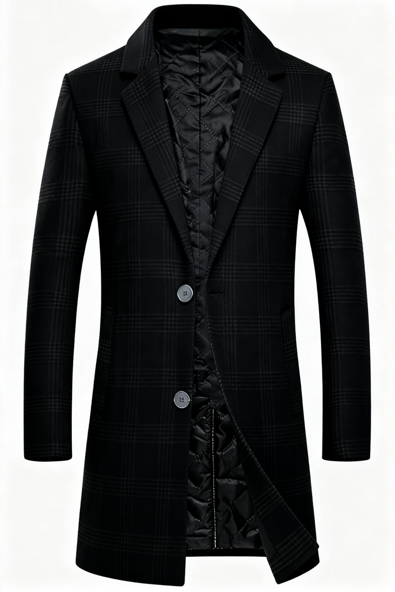 Men's Black Plaid Wool-Blend Trench Coat - Timeless Overcoat with Quilted Lining for Formal, Business, and Winter Elegance