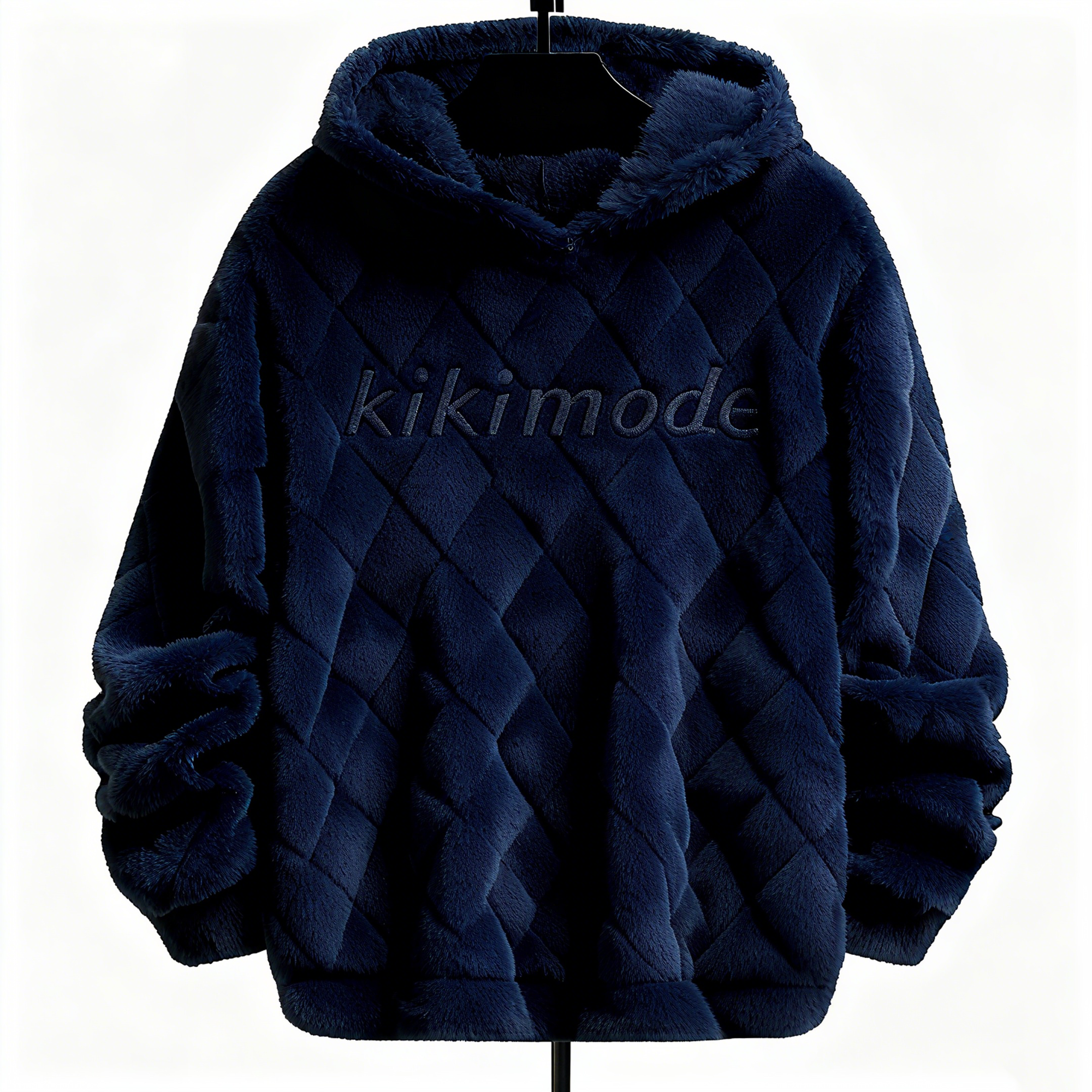 100% Polyester Deep Navy Fuzzy Quilted Hoodie: Luxe Comfort & Textured Sophistication