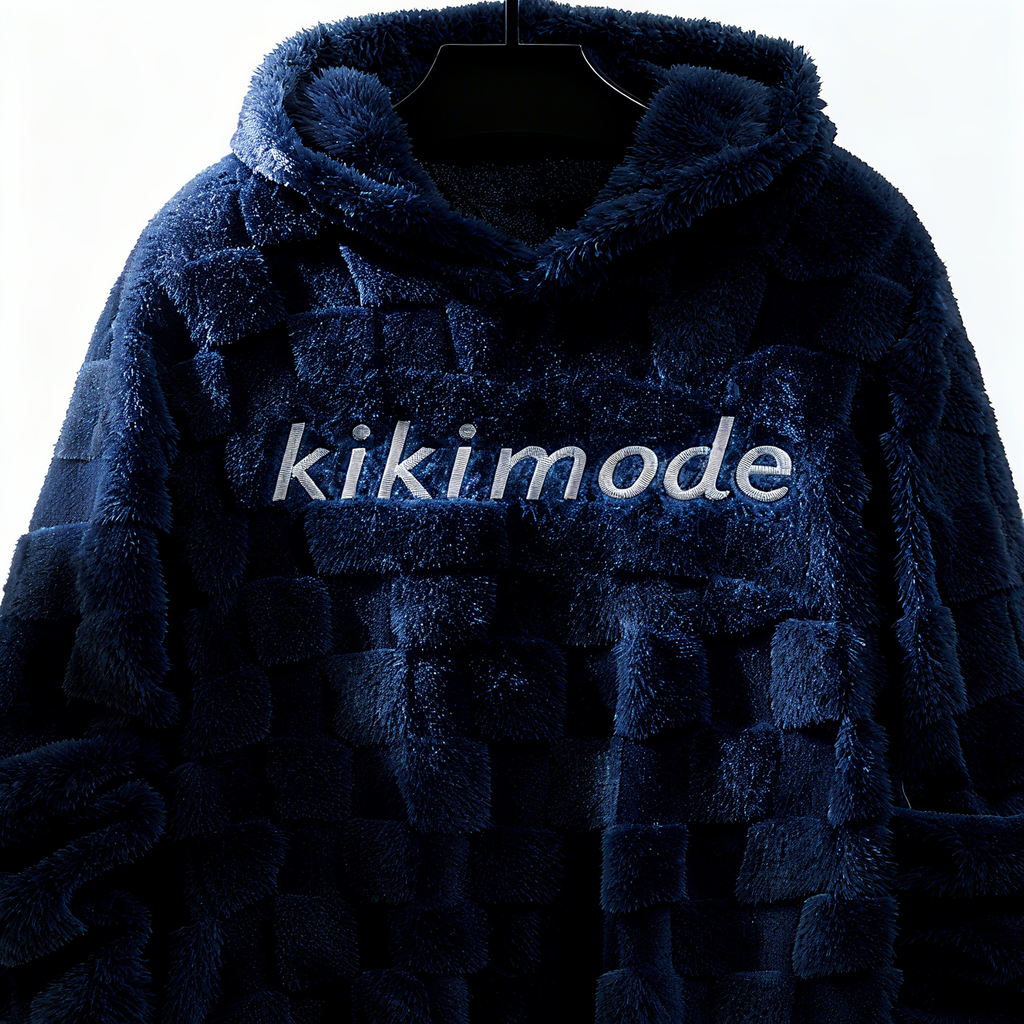 100% Polyester Navy Fuzzy Checkered Hoodie: Luxe Comfort & Statement-Making Style