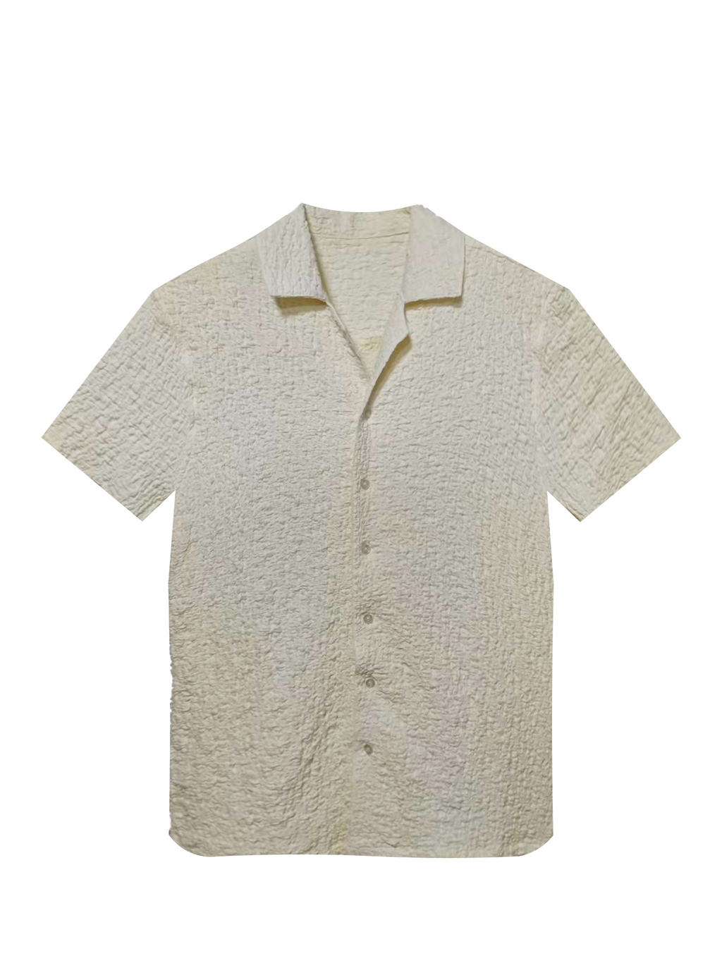 Men's Textured Cuban Collar Shirt - 60% Cotton 30% Nylon 10% Spandex, Cream Casual Short - Sleeve Button - Down