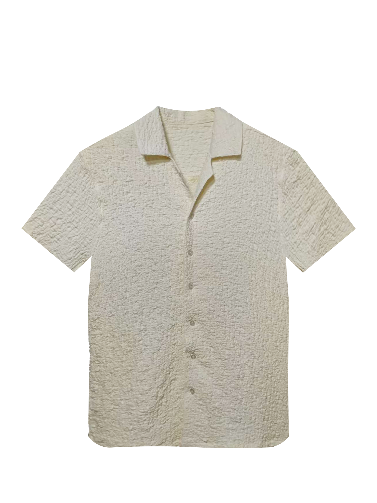 Men's Textured Cuban Collar Shirt - 60% Cotton 30% Nylon 10% Spandex, Cream Casual Short - Sleeve Button - Down