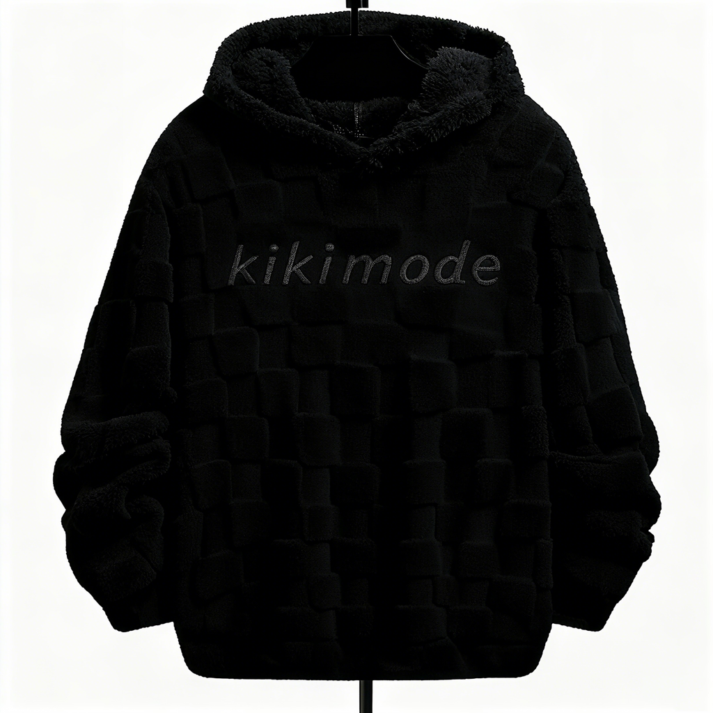 100% Polyester Black Fuzzy Checkered Hoodie: Edgy Style Meets Cloud-Like Comfort