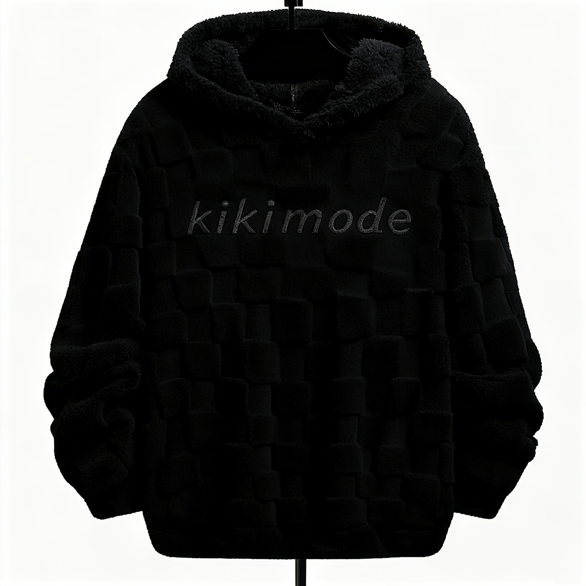 100% Polyester Black Fuzzy Checkered Hoodie: Edgy Style Meets Cloud-Like Comfort