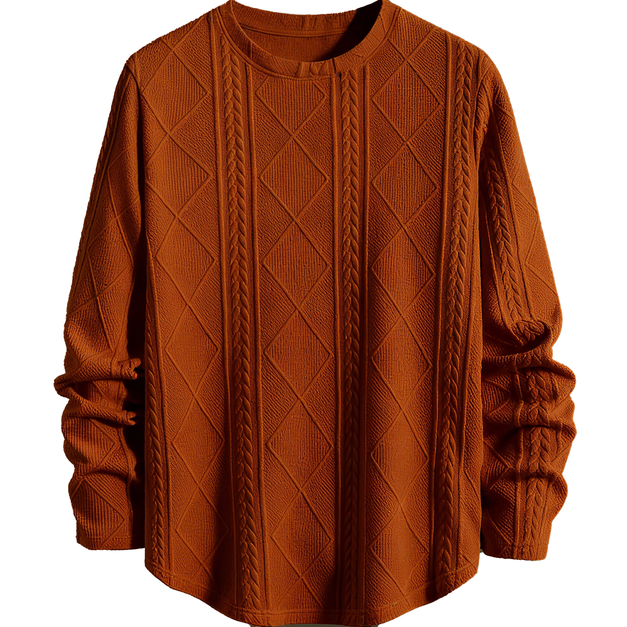Men's Textured Knit Sweater - Rust Orange Crew Neck Pullover for Elevated Casual & Seasonal Styling