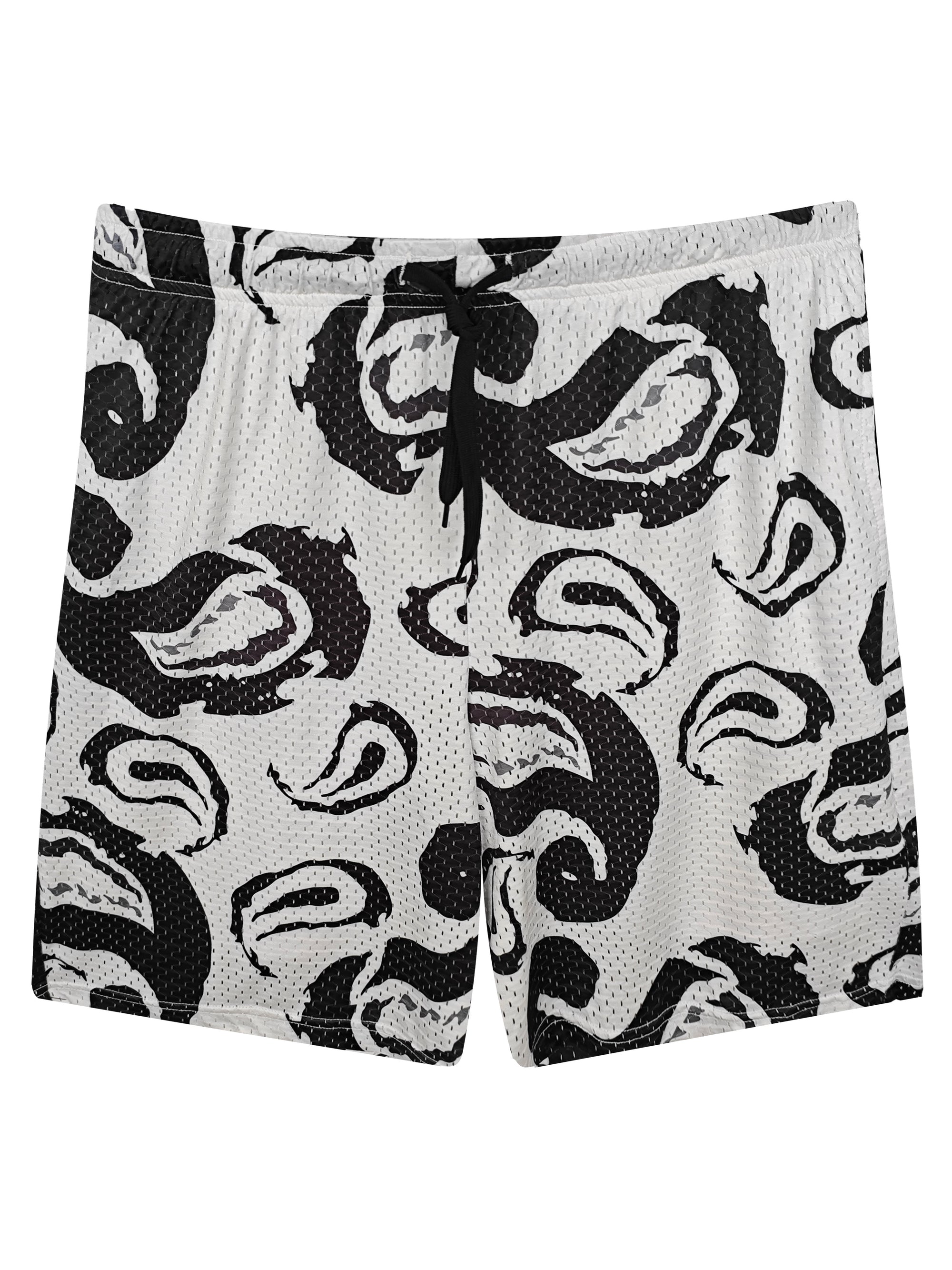 Men's Stretch Mesh Shorts with Paisley Print - 80% Polyester 20% Spandex Loose-Fit Drawstring Casual Shorts