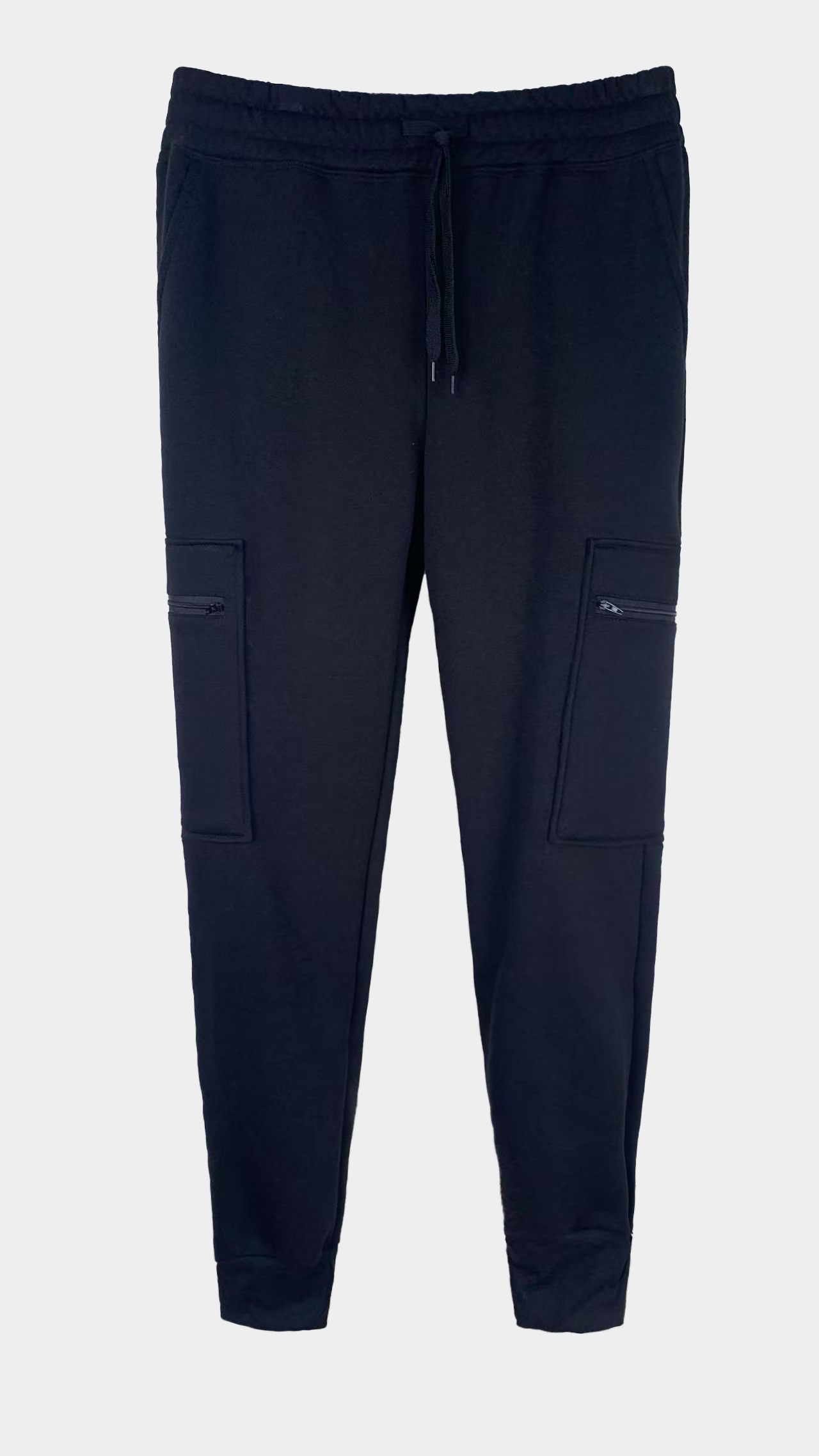 Men’s Black Polyester Cargo Joggers - Elastic - Waist with Zipper Pockets, Casual Athletic Sweatpants