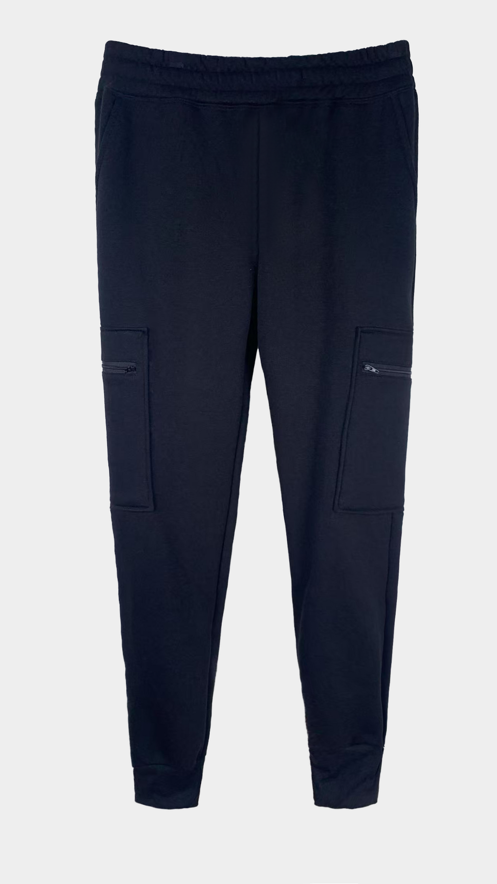 Men’s Black Polyester Cargo Joggers - Elastic - Waist with Zipper Pockets, Casual Athletic Sweatpants