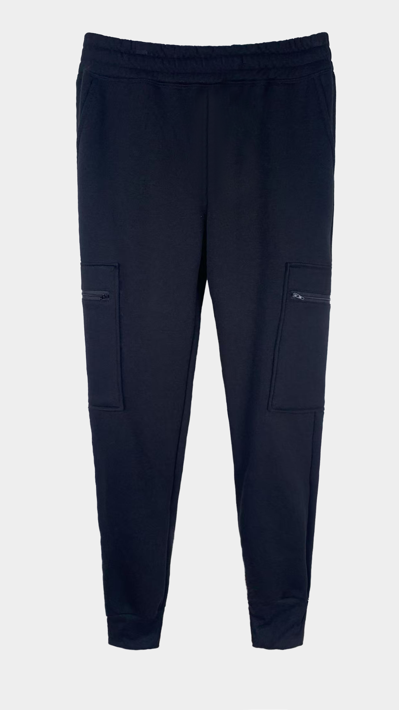 Men’s Black Polyester Cargo Joggers - Elastic - Waist with Zipper Pockets, Casual Athletic Sweatpants