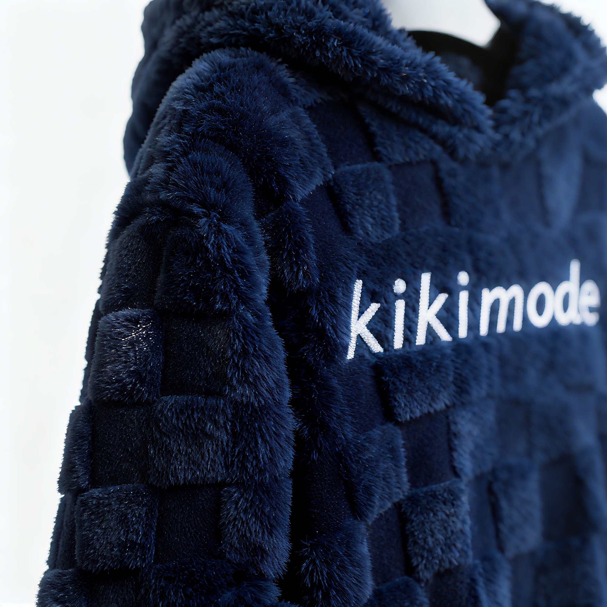 100% Polyester Navy Fuzzy Checkered Hoodie: Luxe Comfort & Statement-Making Style