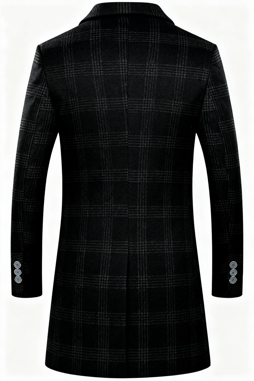 Men's Black Plaid Wool-Blend Trench Coat - Timeless Overcoat with Quilted Lining for Formal, Business, and Winter Elegance