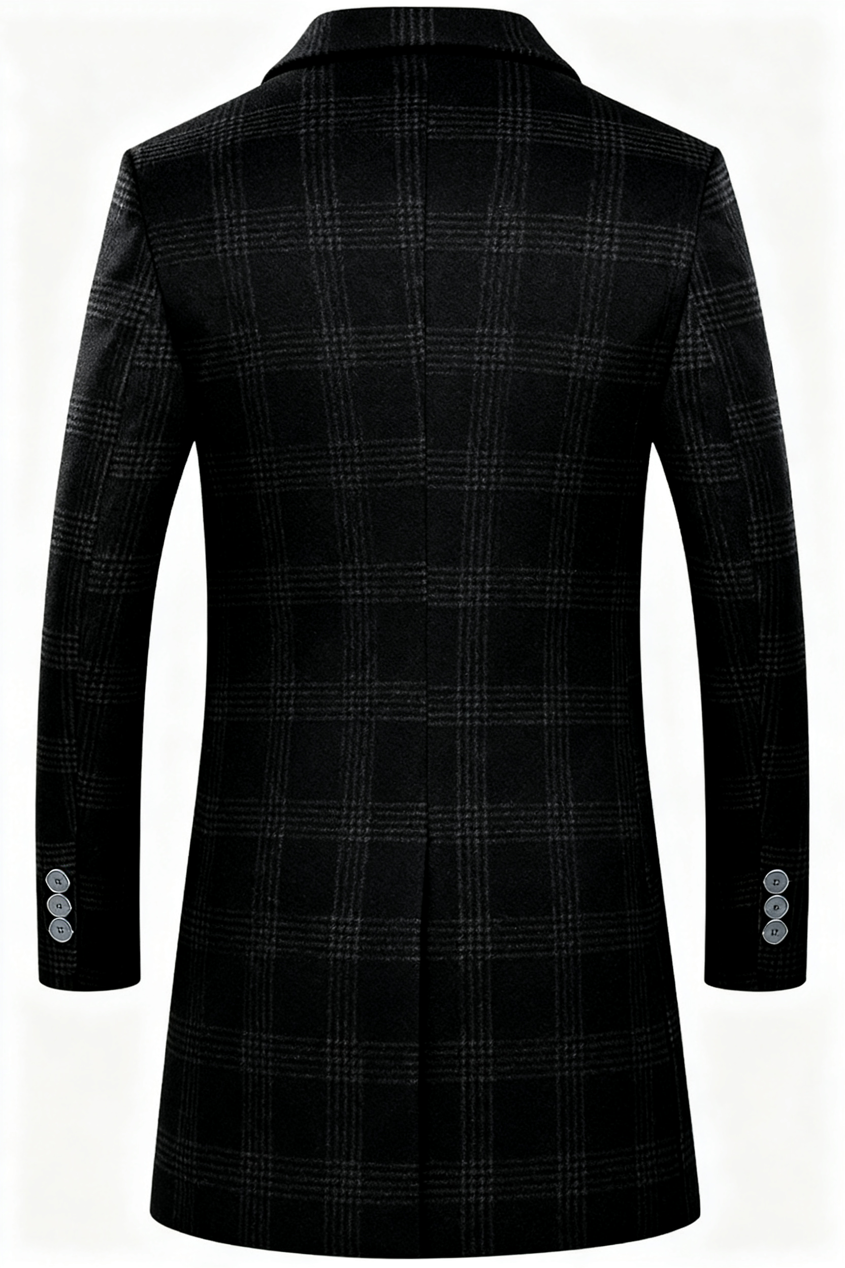 Men's Black Plaid Wool-Blend Trench Coat - Timeless Overcoat with Quilted Lining for Formal, Business, and Winter Elegance