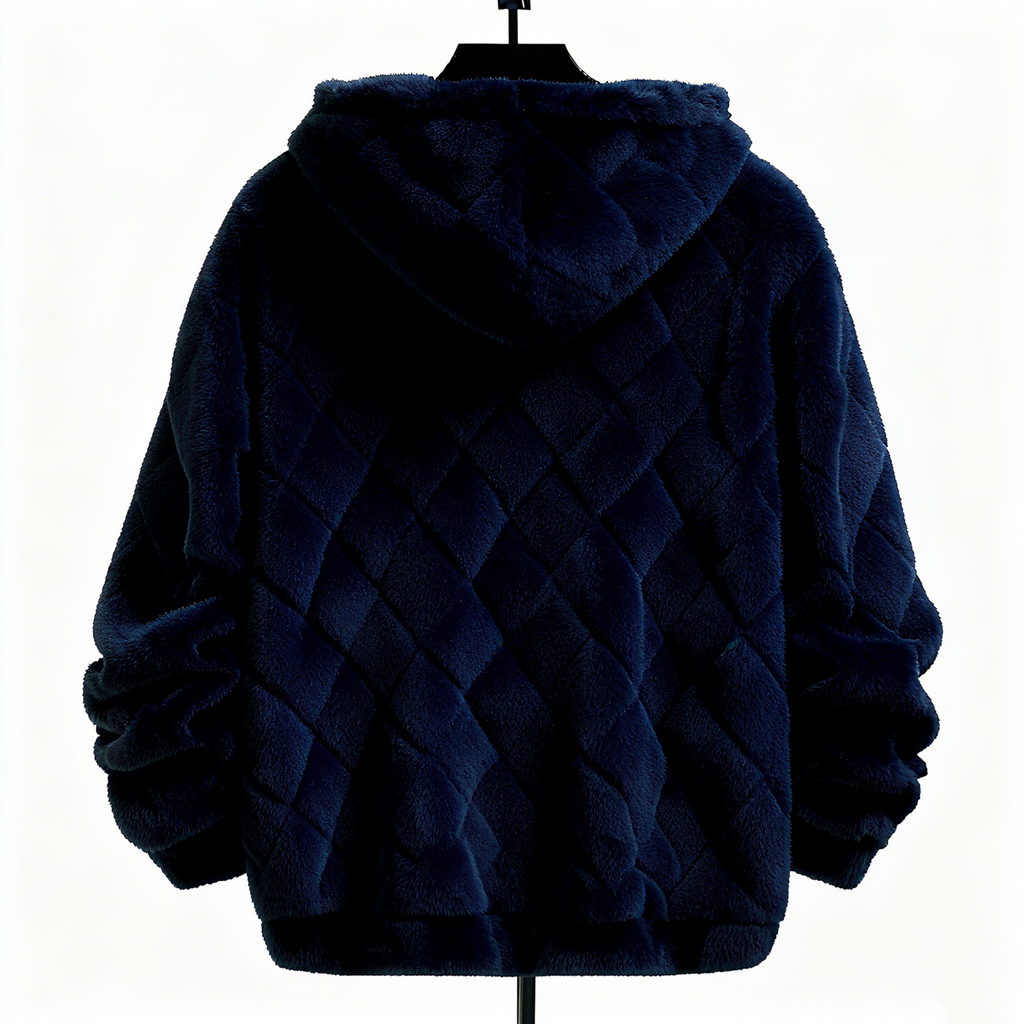 100% Polyester Deep Navy Fuzzy Quilted Hoodie: Luxe Comfort & Textured Sophistication