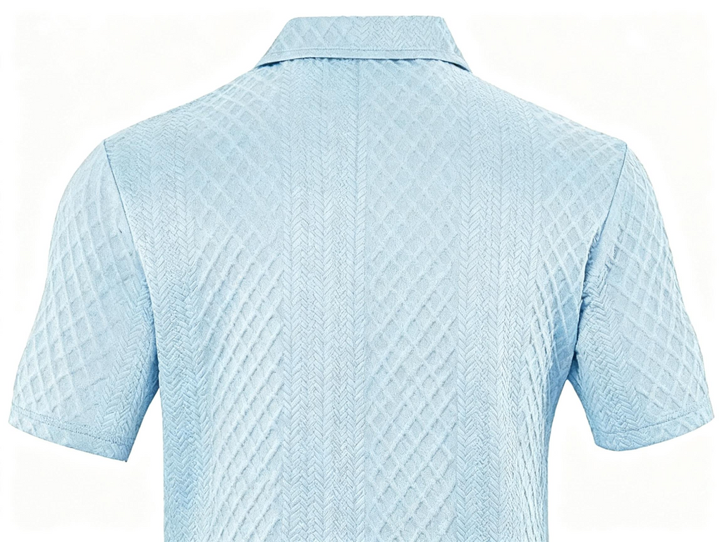 Men's Light Blue Textured Polo Shirt - Retro-Inspired Knit Pattern Polo for Casual & Smart-Casual Occasions