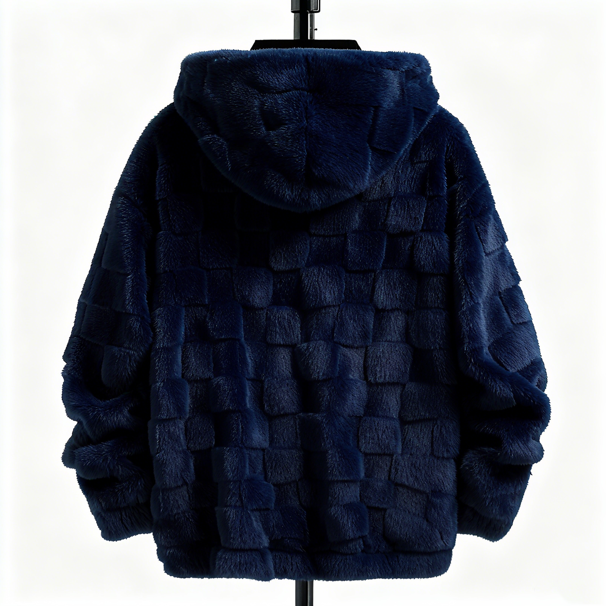 100% Polyester Navy Fuzzy Checkered Hoodie: Luxe Comfort & Statement-Making Style