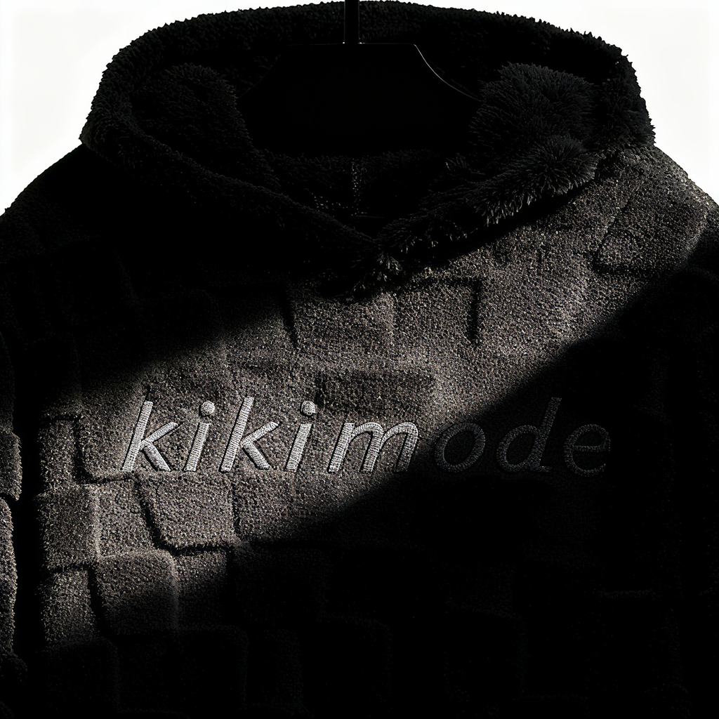 100% Polyester Black Fuzzy Checkered Hoodie: Edgy Style Meets Cloud-Like Comfort