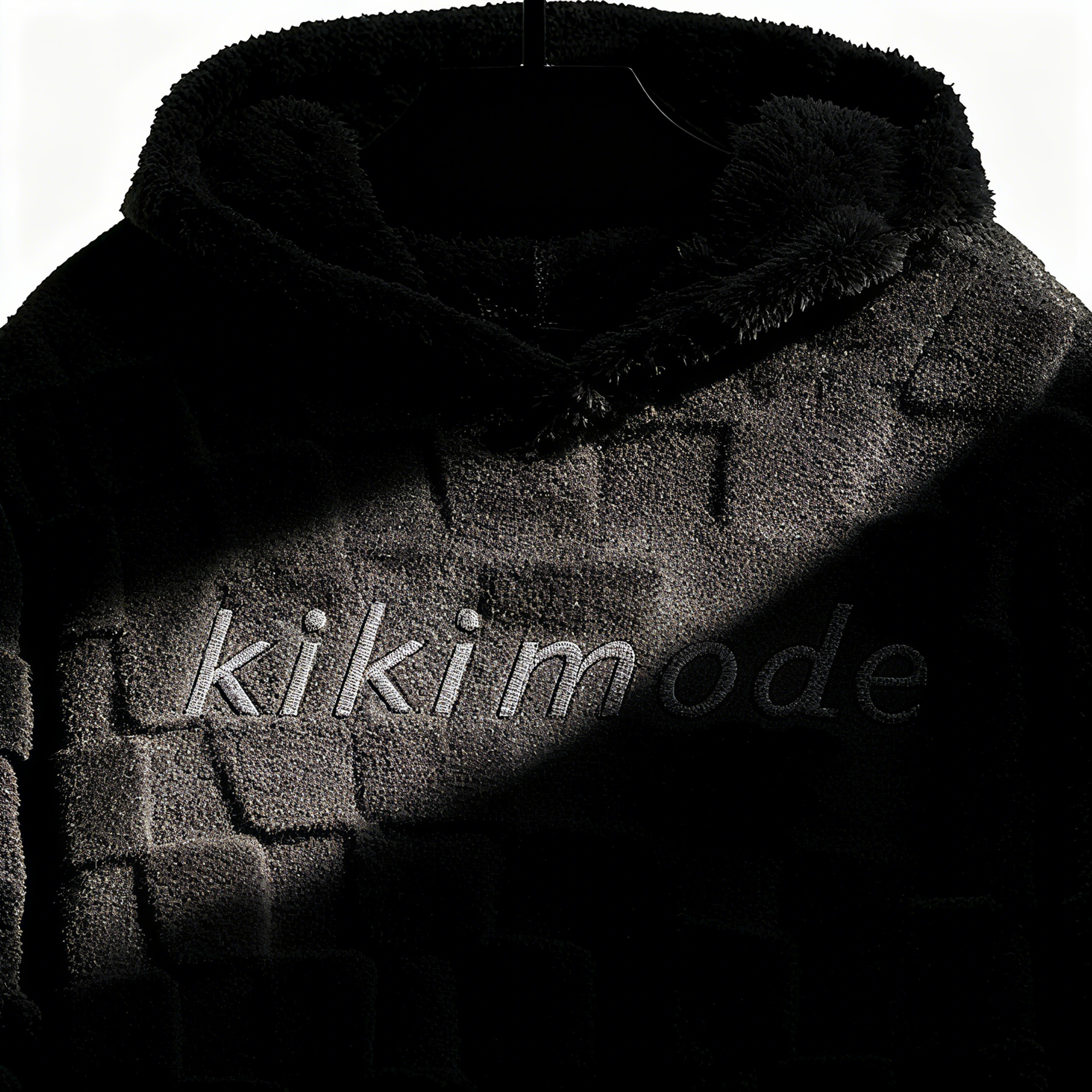 100% Polyester Black Fuzzy Checkered Hoodie: Edgy Style Meets Cloud-Like Comfort