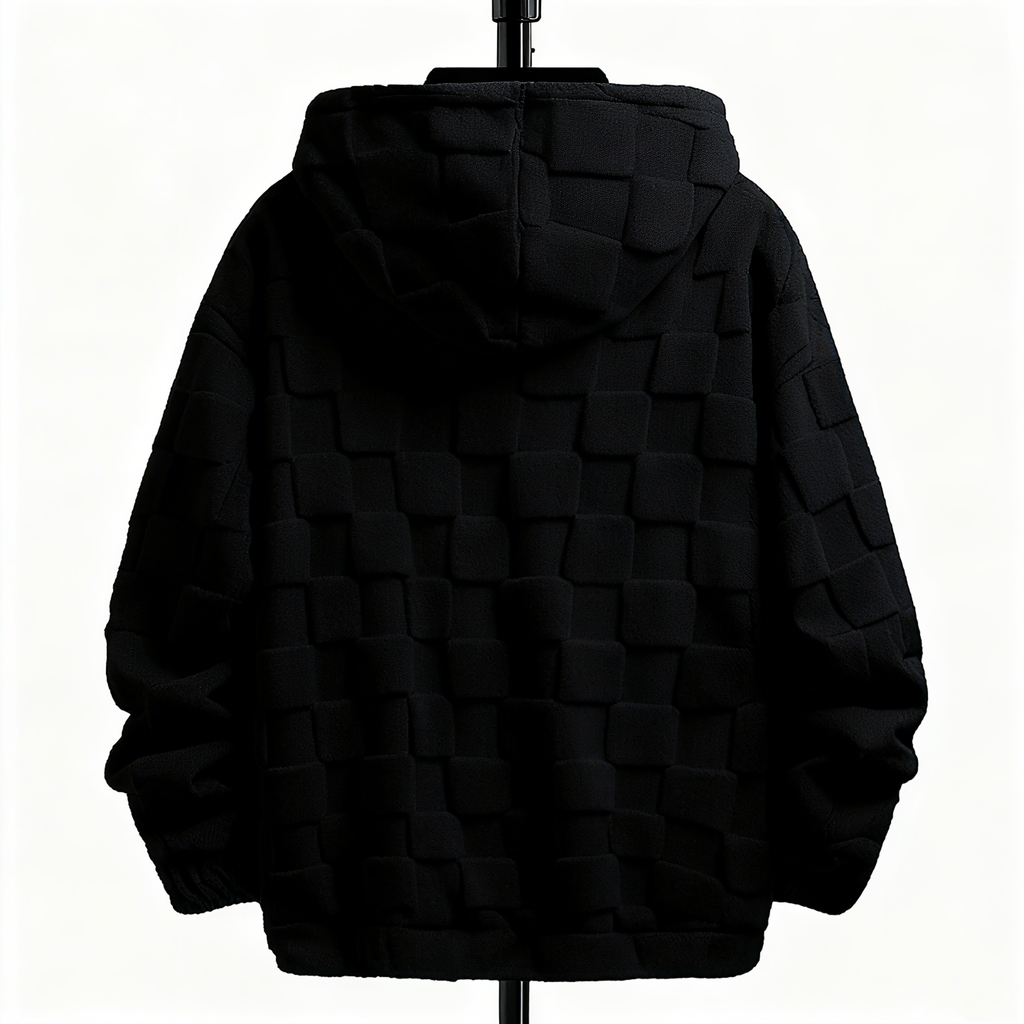 100% Polyester Black Fuzzy Checkered Hoodie: Edgy Style Meets Cloud-Like Comfort