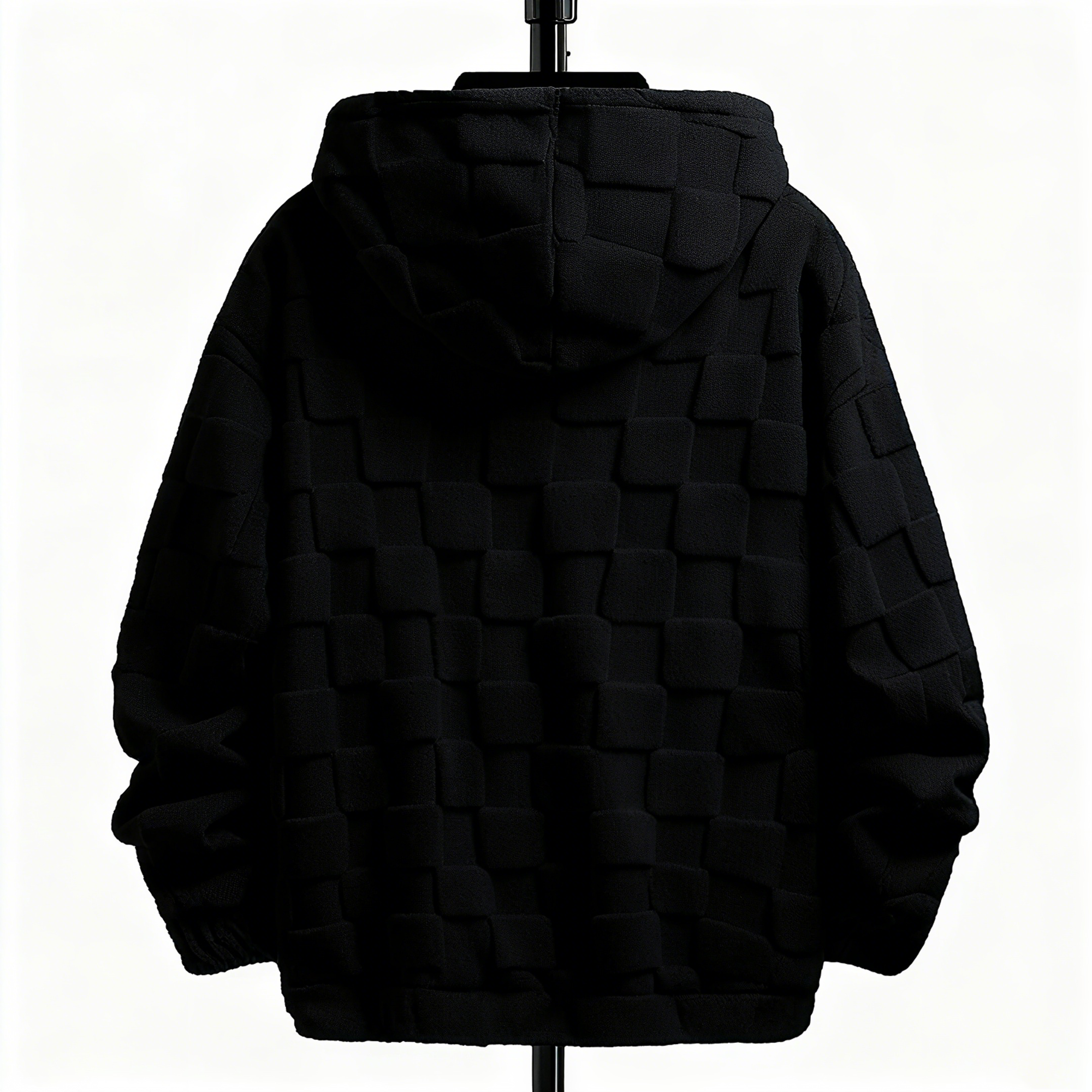 100% Polyester Black Fuzzy Checkered Hoodie: Edgy Style Meets Cloud-Like Comfort