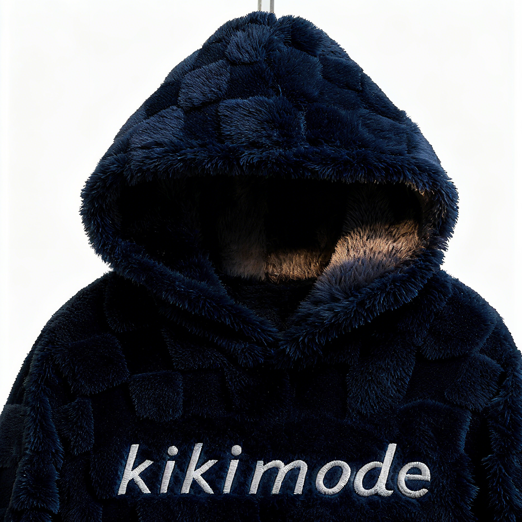 100% Polyester Navy Fuzzy Checkered Hoodie: Luxe Comfort & Statement-Making Style
