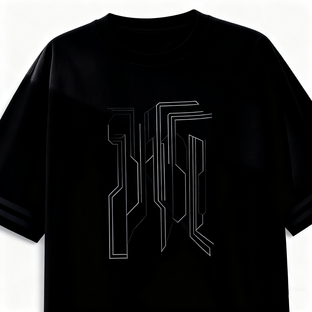 Men's Black Tech-Inspired Graphic T-Shirt with Striped Cuffs - Urban Streetwear Tee for Casual & Trendy Looks