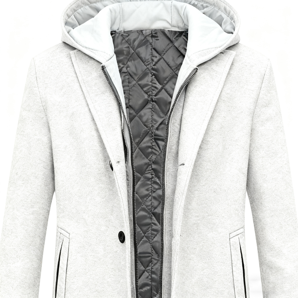 Men's Gray Wool-Blend Trench Coat with Removable Hooded Quilted Liner - 3-in-1 Winter Overcoat for Sophisticated Style & Maximum Warmth