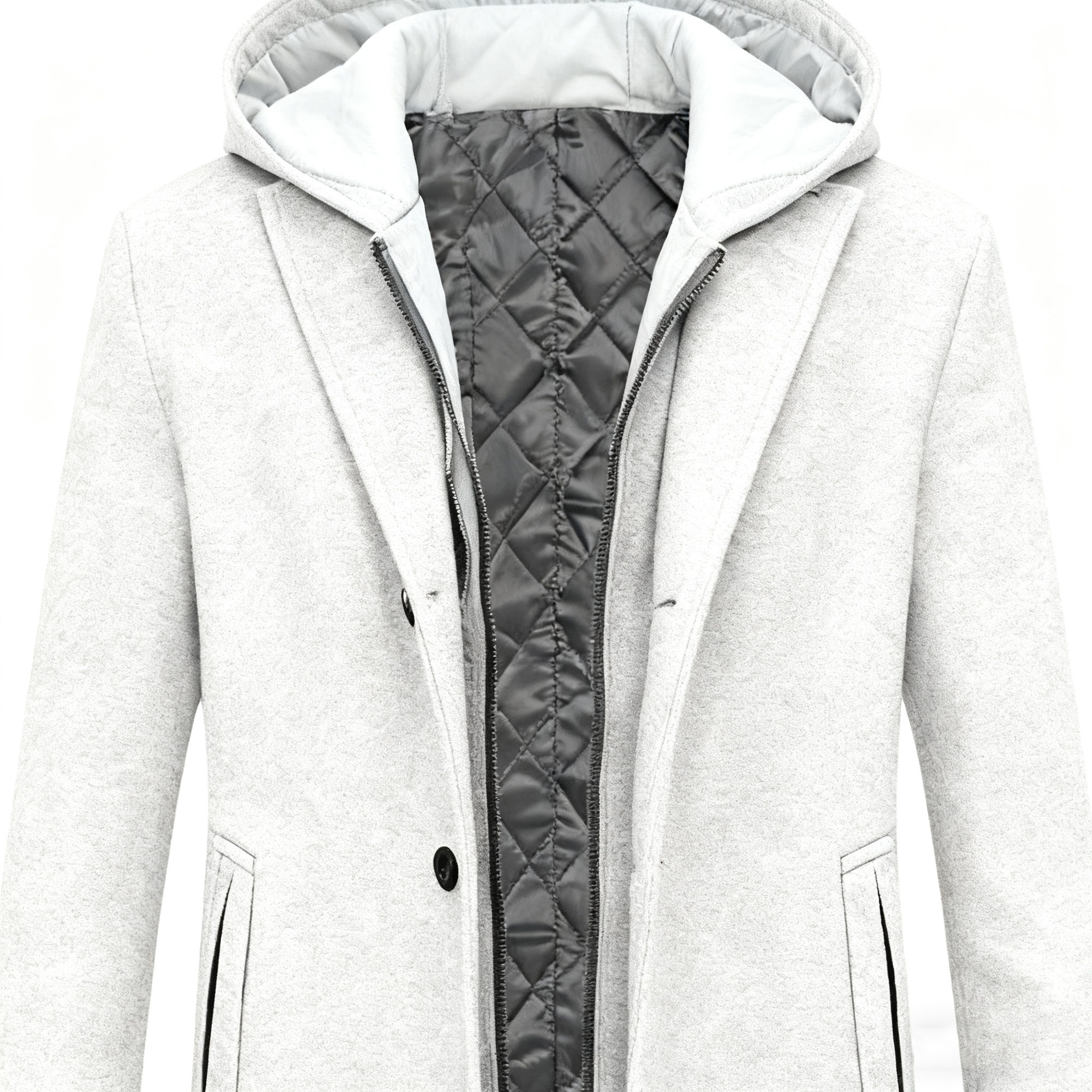 Men's Gray Wool-Blend Trench Coat with Removable Hooded Quilted Liner - 3-in-1 Winter Overcoat for Sophisticated Style & Maximum Warmth