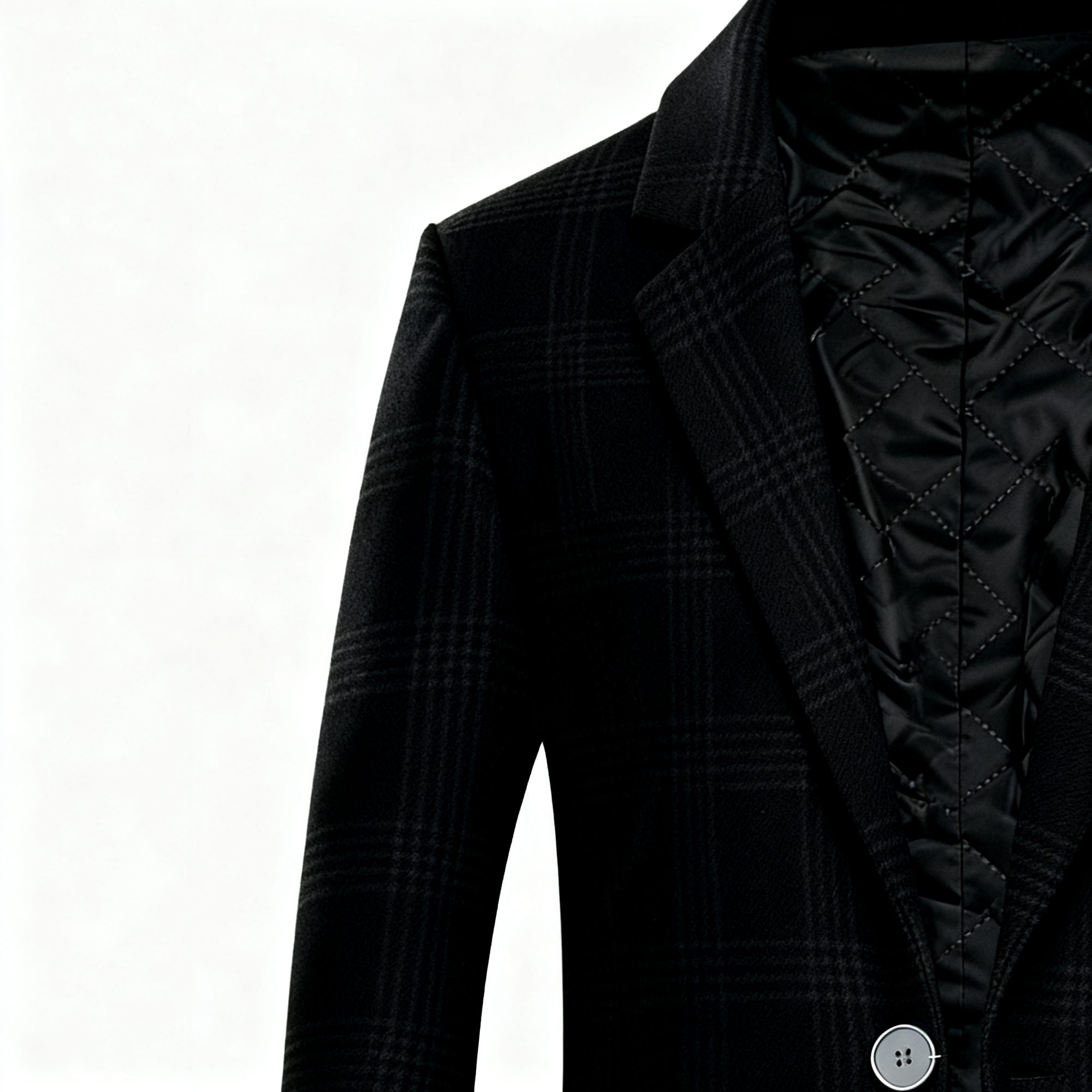 Men's Black Plaid Wool-Blend Trench Coat - Timeless Overcoat with Quilted Lining for Formal, Business, and Winter Elegance