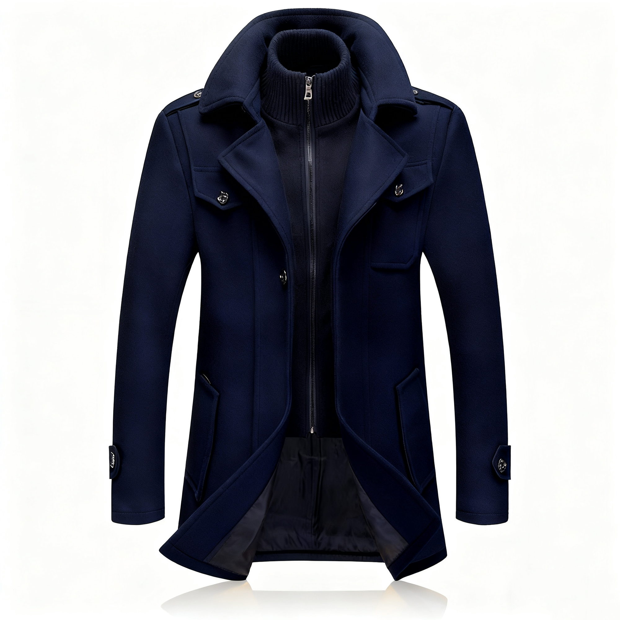 Men's Navy Wool-Blend Trench Coat with Detachable Knit Inner - Classic Double-Layered Overcoat for Winter Elegance & Warmth