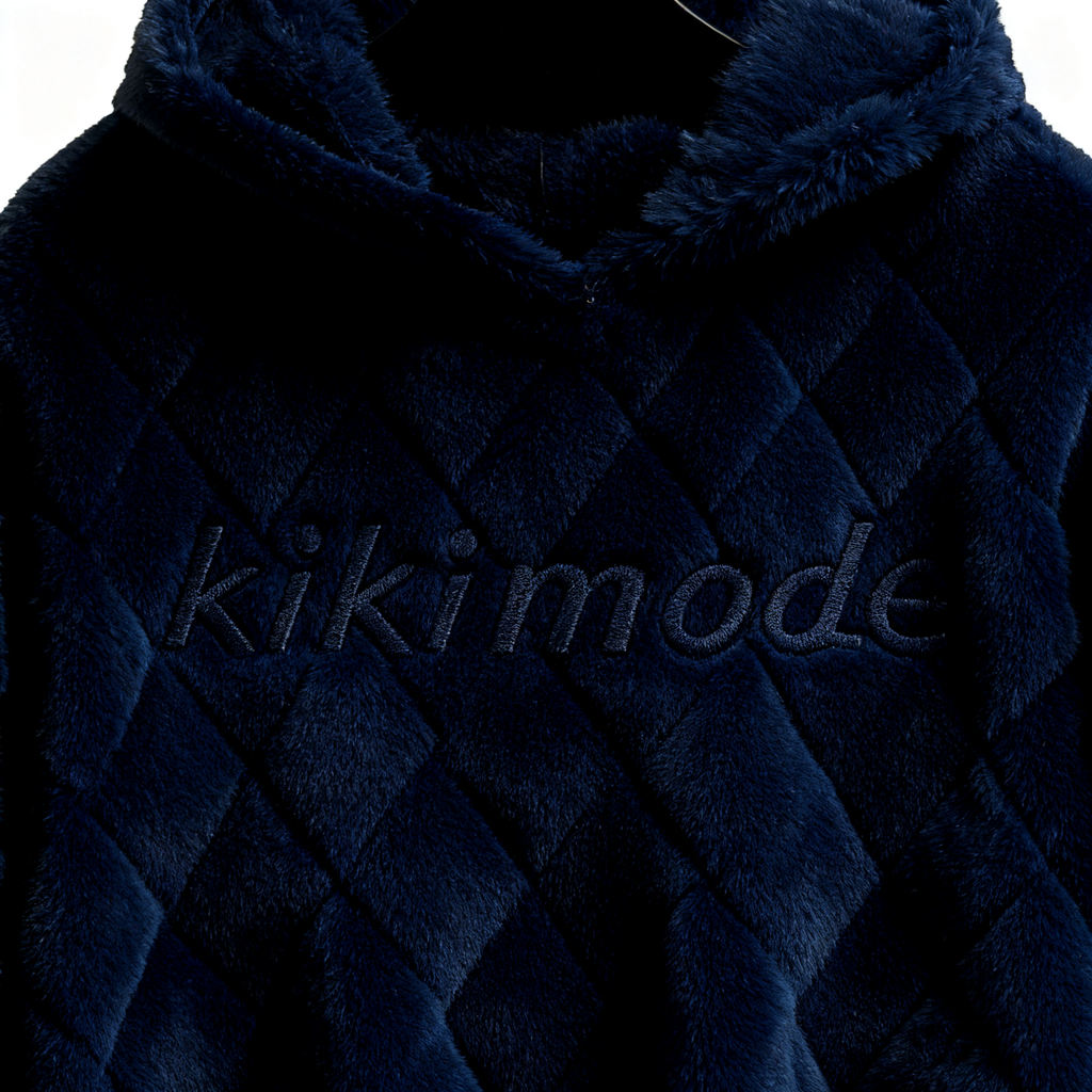 100% Polyester Deep Navy Fuzzy Quilted Hoodie: Luxe Comfort & Textured Sophistication