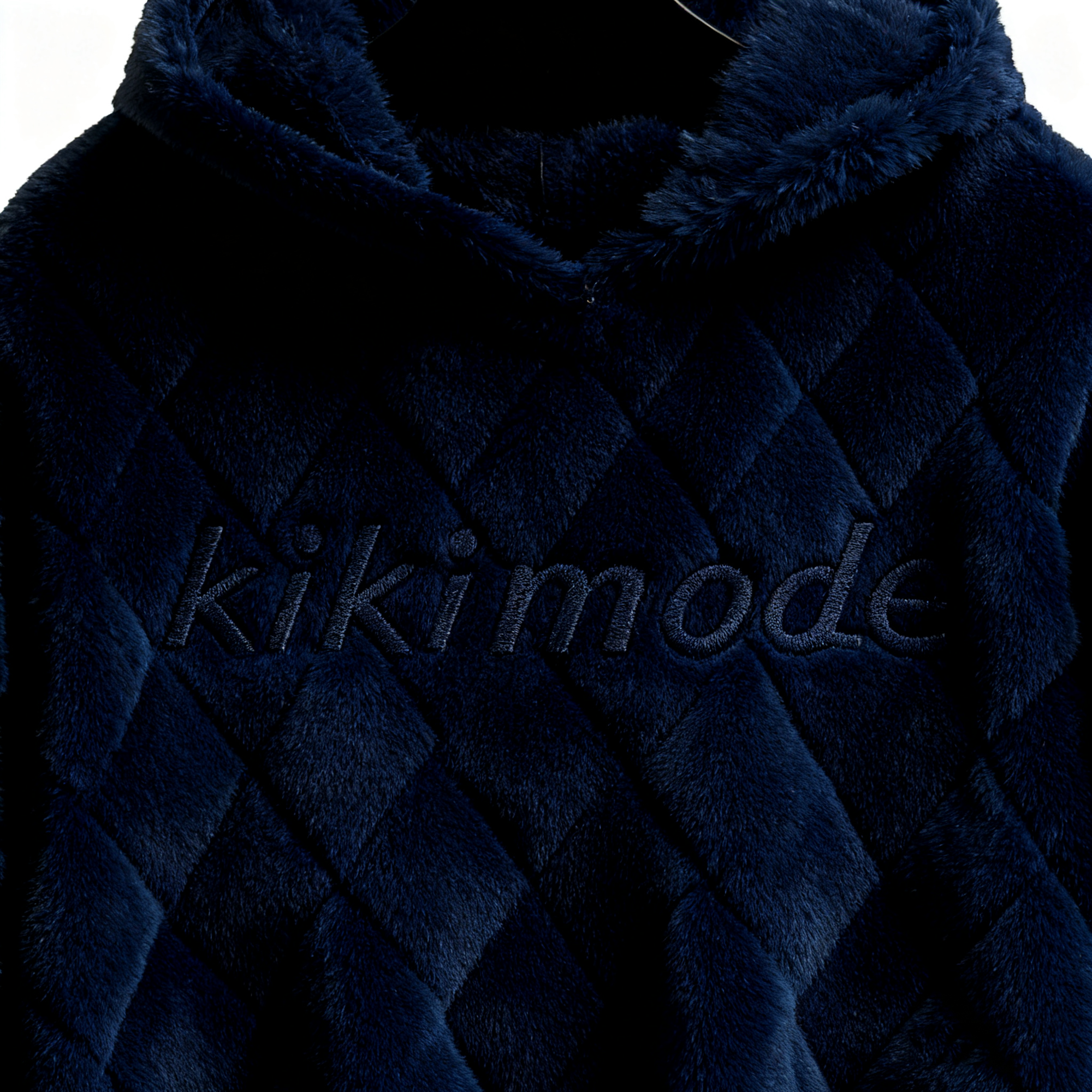 100% Polyester Deep Navy Fuzzy Quilted Hoodie: Luxe Comfort & Textured Sophistication