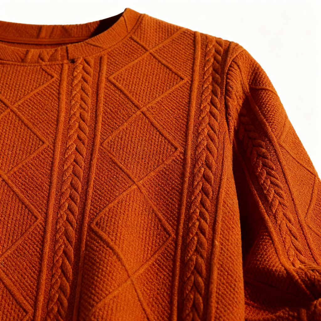 Men's Textured Knit Sweater - Rust Orange Crew Neck Pullover for Elevated Casual & Seasonal Styling